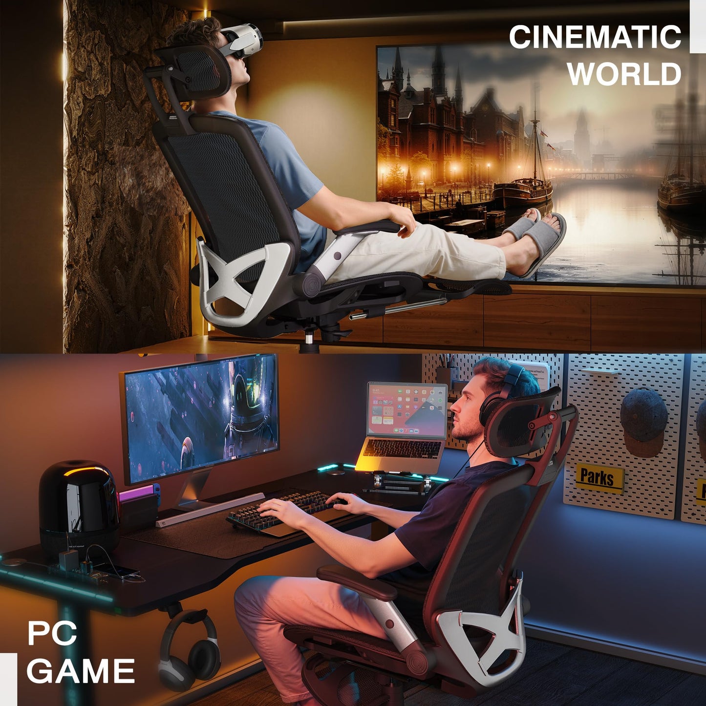 GABRYLLY Office Chair with Footrest, Ergonomic Desk Chair - 135° Recline Wide, 45° Flip-Up Arms,3D Headrest & Mesh Seat, High Back Home Gaming Chair for Adult Man Woman, 300LBS