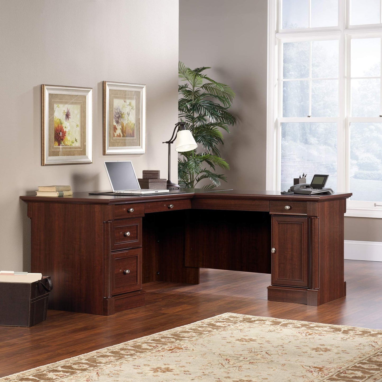 Sauder Palladia L Shaped Desk with Drawers, Office Desk with File Cabinet Storage, Cable Management, Keyboard Tray, in Select Cherry finish