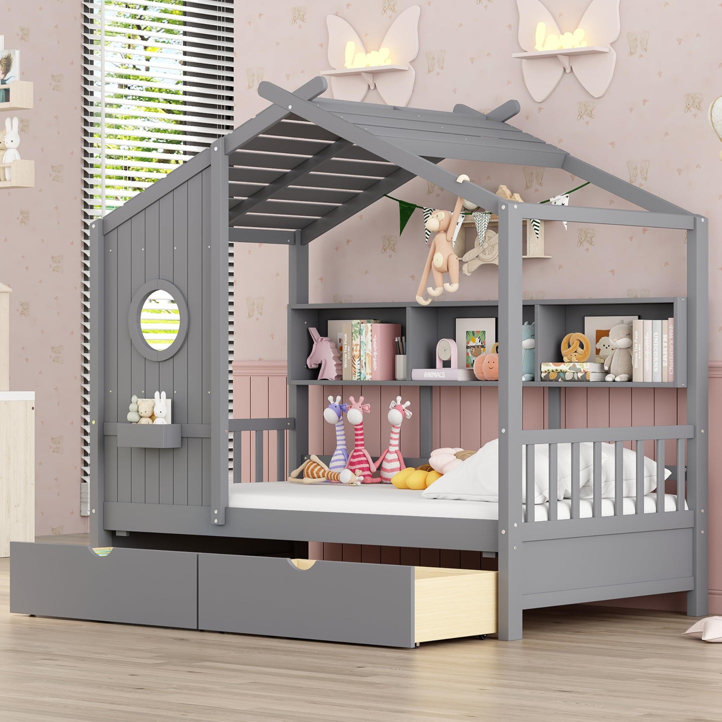Twin Size House Bed with Storage Drawers,Kids House Bed Frame with Shelves,Cute Wood House Bed Twin with Roof for Kids,Girls,Boys,Gray