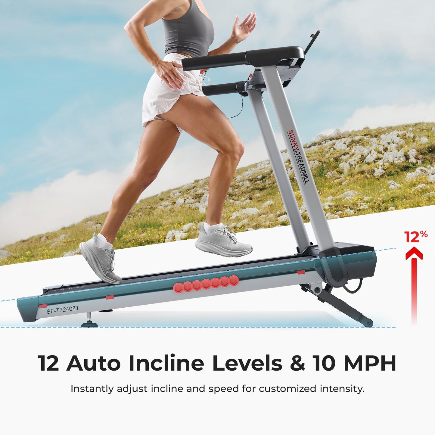 Sunny Health & Fitness Pace 500 Smart Wi-Fi Treadmill with 12-Level Auto Incline, 18" Running Belt, Quiet Brushless Motor, Digital Display, Bluetooth & SunnyFit App – SF-T724081