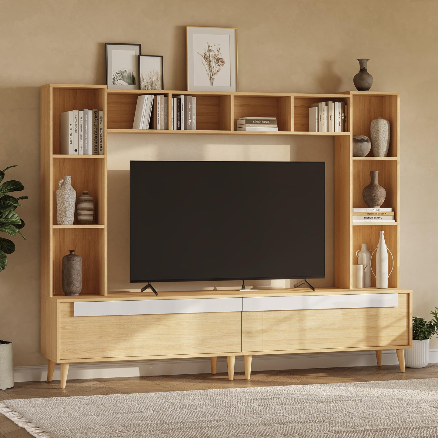 LIKIMIO 86.6" W Wall Unit Entertainment Center for TVs up to 65 inches, Large TV Stand with Bookshelves, Built-in Power Outlet, 10 Open Shelves & 2 Drawers, Wood Media Center for Living Room