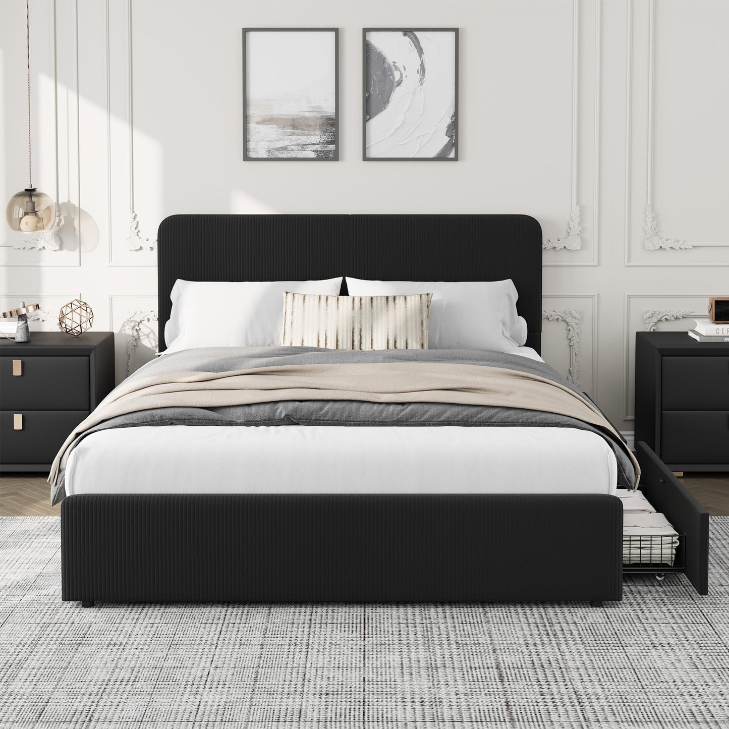 IDEALHOUSE Full Size Platform Bed Frame with Storage Drawers, Upholstered Bed, PU Leather, No Box Spring Needed, Easy Assembly, Modern Bedroom, Black