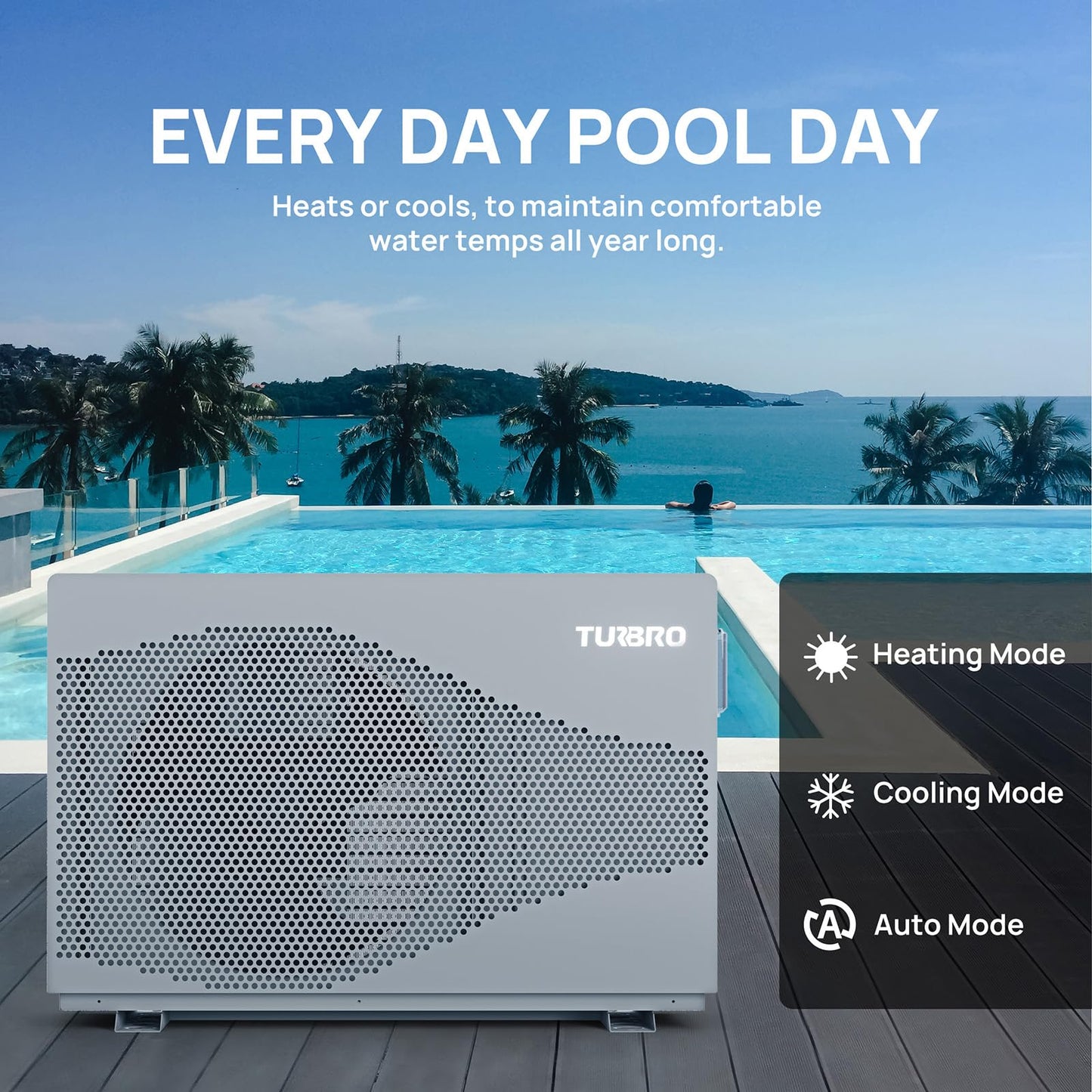 TURBRO 33,000 BTU Inverter Swimming Pool Heat Pump, Up to 10,000 Gallons, WiFi Control Electric Pool Heater for Above and Inground Pools, Heating and Cooling, Up to 15.8 COP, 110-120V, Beluga B33V