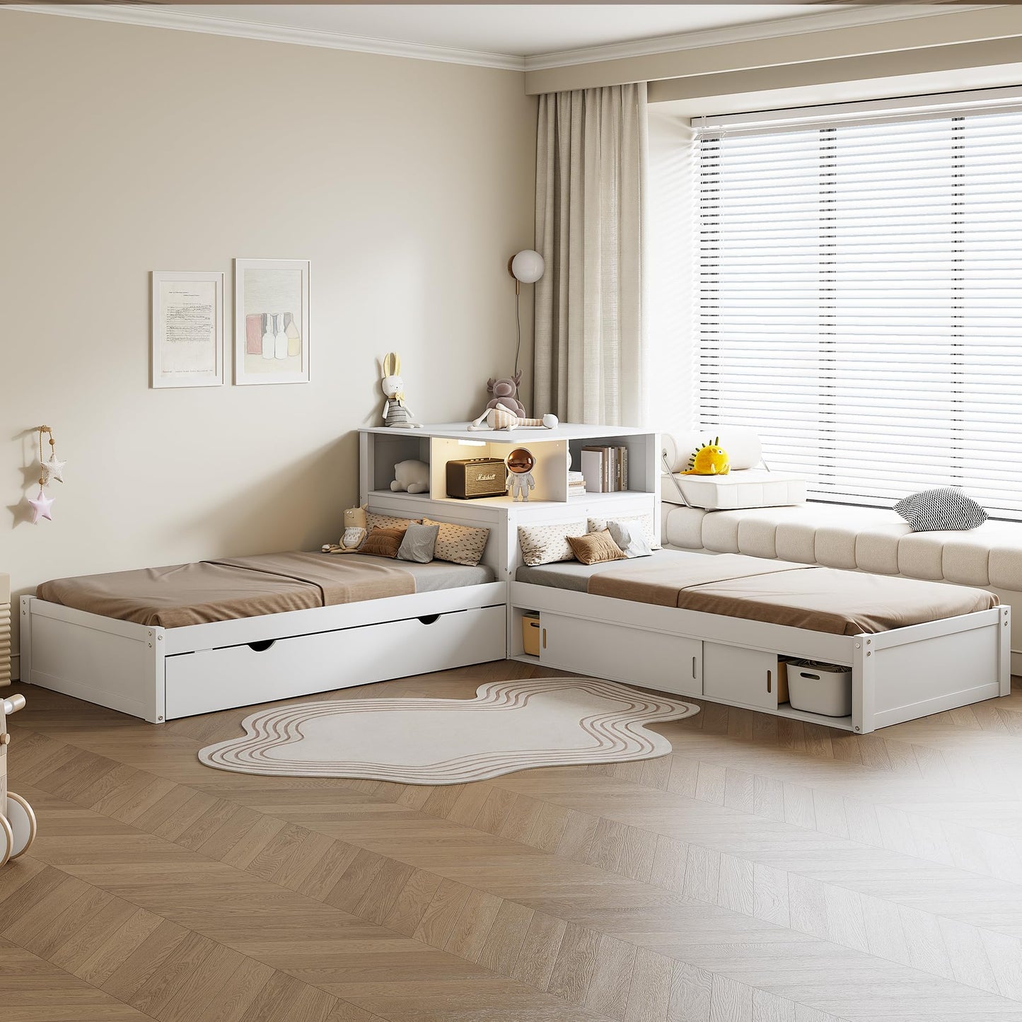 Merax Twin Size Platform Bed with Trundle and Storage Cabinets, L Shaped Corner Bed with Desk and Light, Wood Slats Support, 3 Beds in One Design, No Box Spring Needed