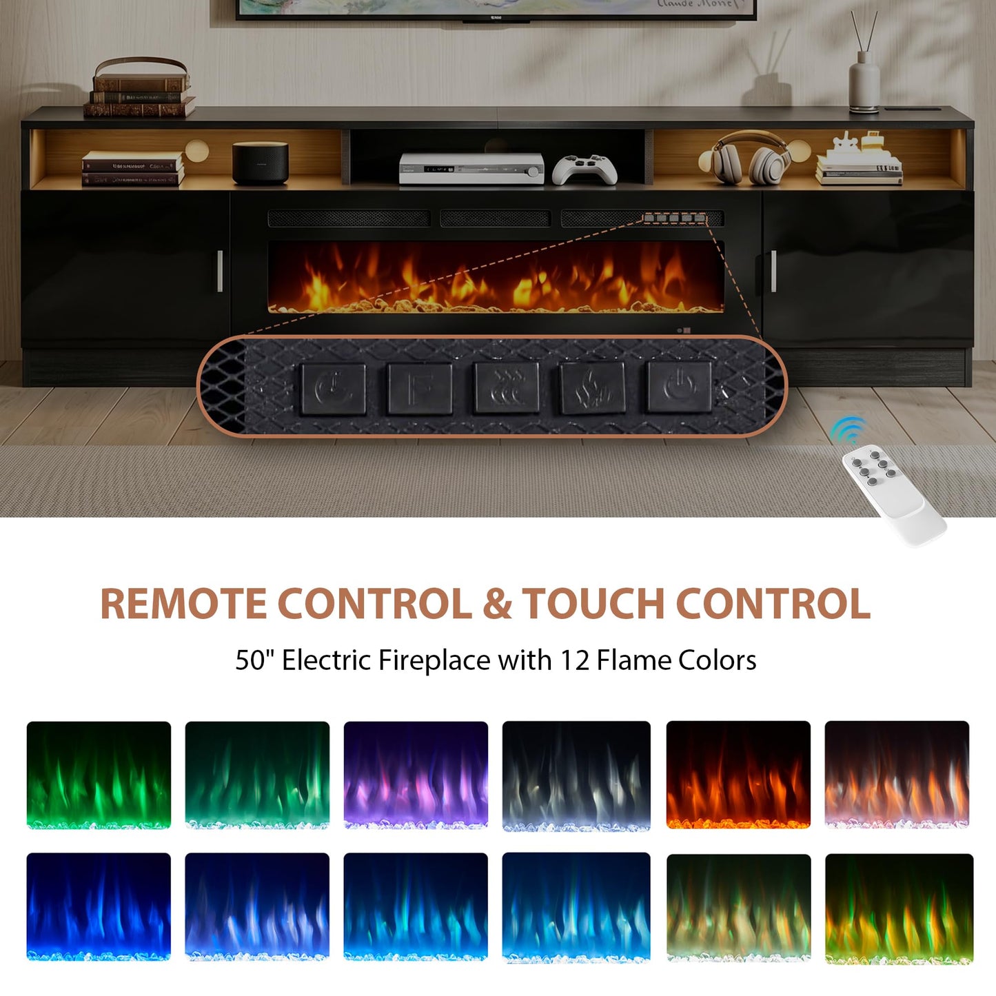 MXV 70" Fireplace TV Stand with Power Outlet for TVs UP to 80", Electric Fireplace Entertainment Center with LED Lights & Storage Cabinets, TV Console for Living Room, Office, Black-Black