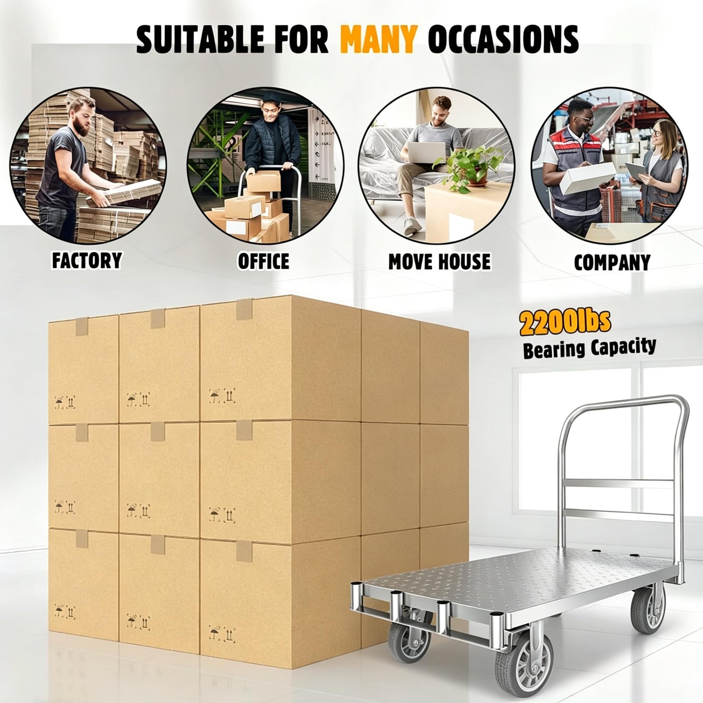 Foldable Panel Push Cart Dolly,2IN1 Steel Plate Platform Truck,36"×24" Heavy Duty Moving Hand Truck Flatbed Cart,2200LBS Capacity with 6.5'' Swivel Wheels,Detachable Fence 1Front and 2Side Handles