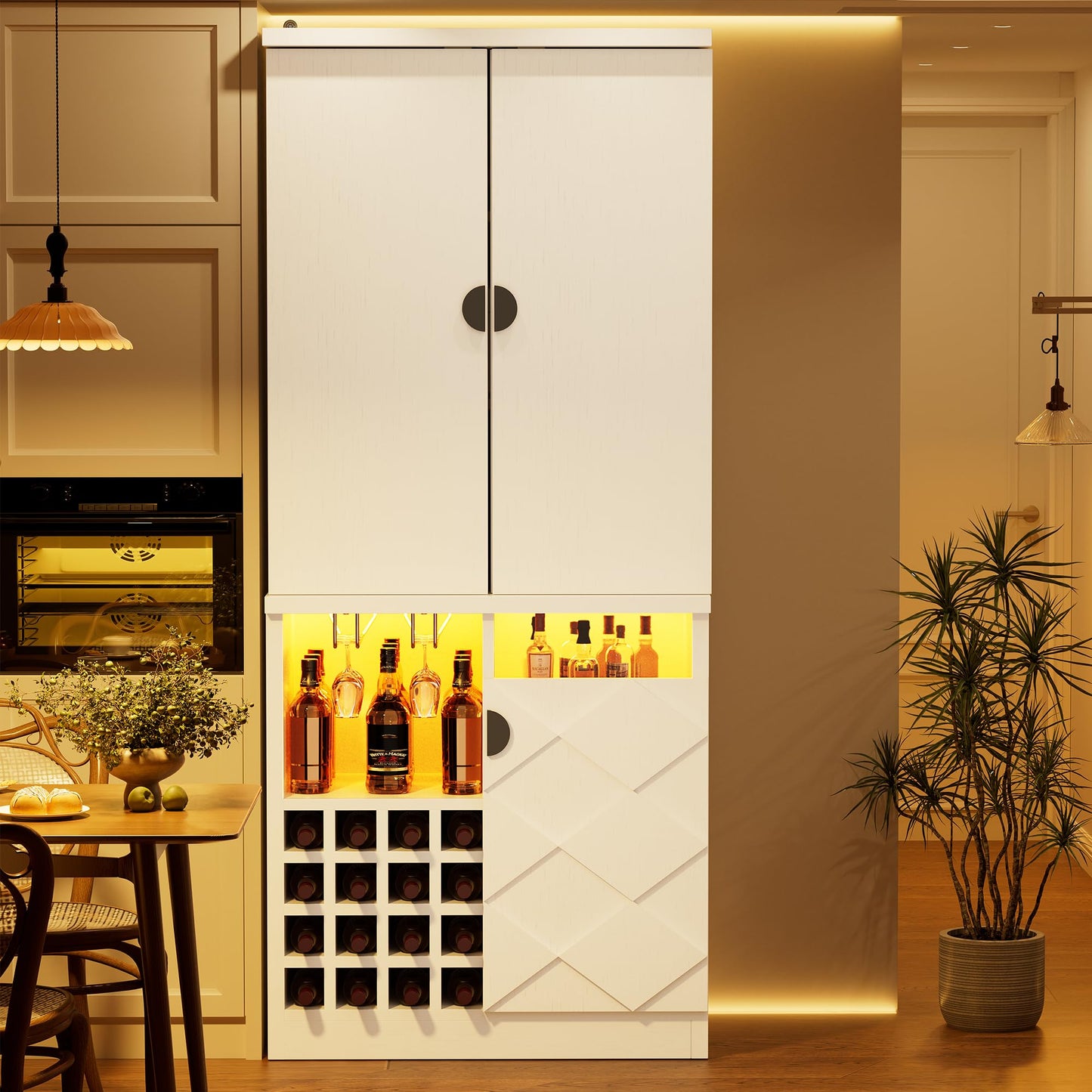 kepptory 72" Tall Kitchen Pantry Storage Cabinet, Freestanding Bar Cabinet with RGB LED Light, White Kitchen Buffet Sideboard with Doors for Dining Room Living Room
