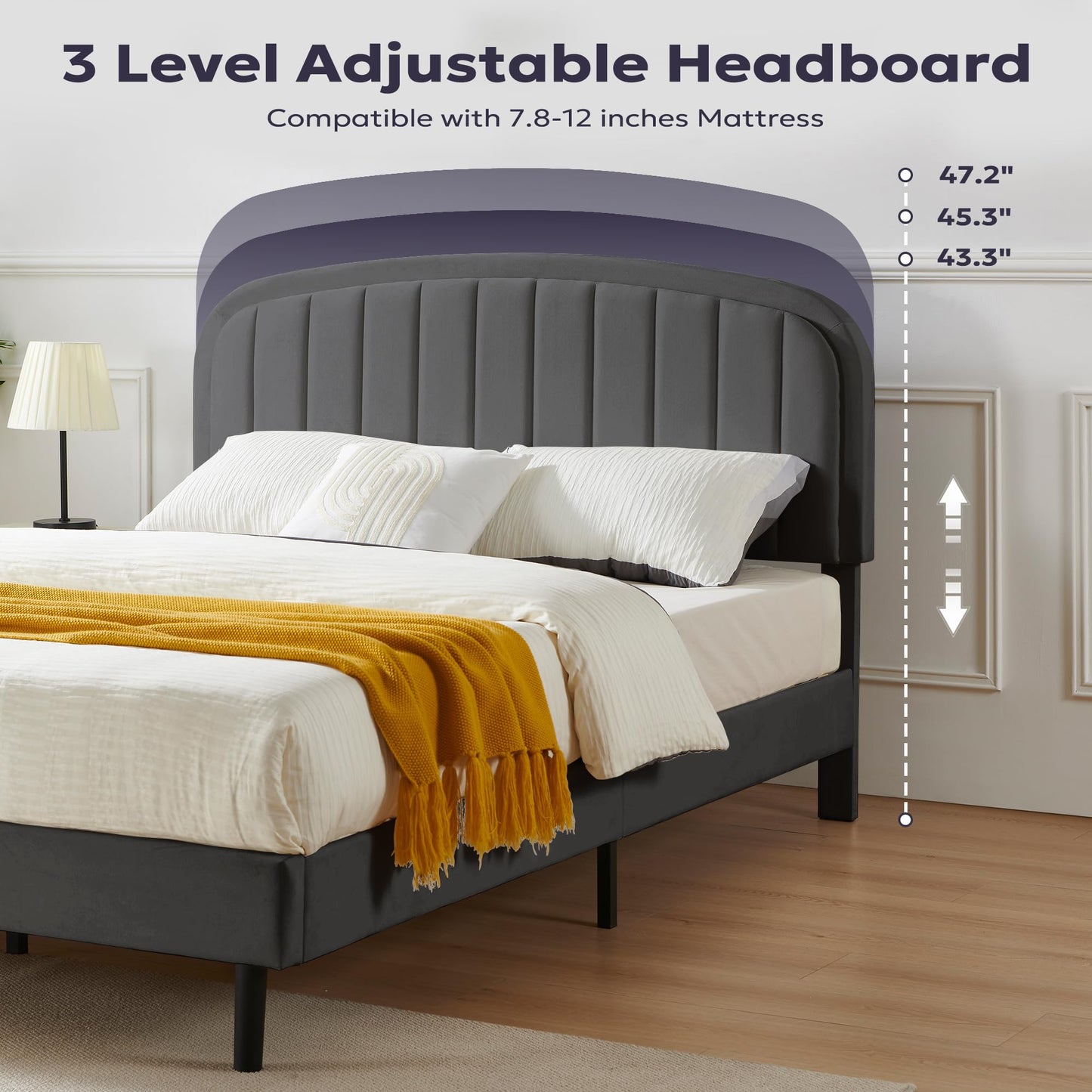 Furnify King Size Bed Frame, Velvet Upholstered Platform Bed with Vertical Channel Tufted Headboard, Rounded Corners Design, Metal Bedframe with Wooden Slat, No Box Spring Required, Grey
