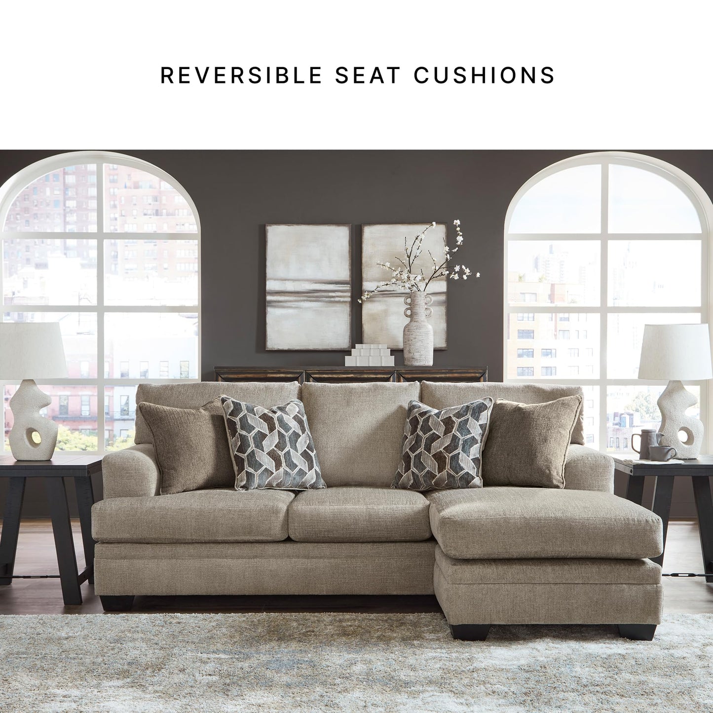 Signature Design by Ashley Stonemeade Casual Right-Arm Facing Sofa Chaise with 4 Toss Pillows, Light Brown