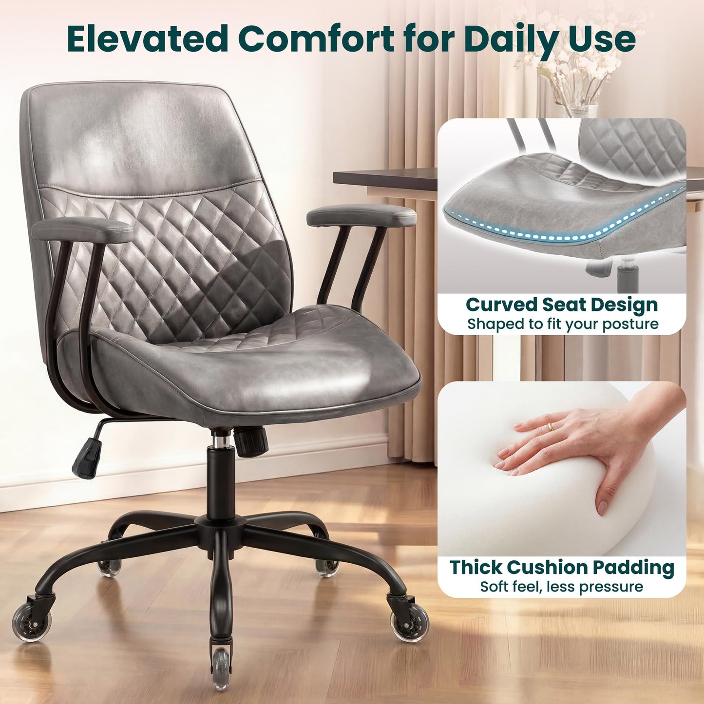 NEO Chair Ergonomic Leather Office Desk Chair with Fixed Armrests Mid Back Lumbar Support Swivel Executive Computer Chair with Wheels Comfy Home Office Chair for Adults (Grey)