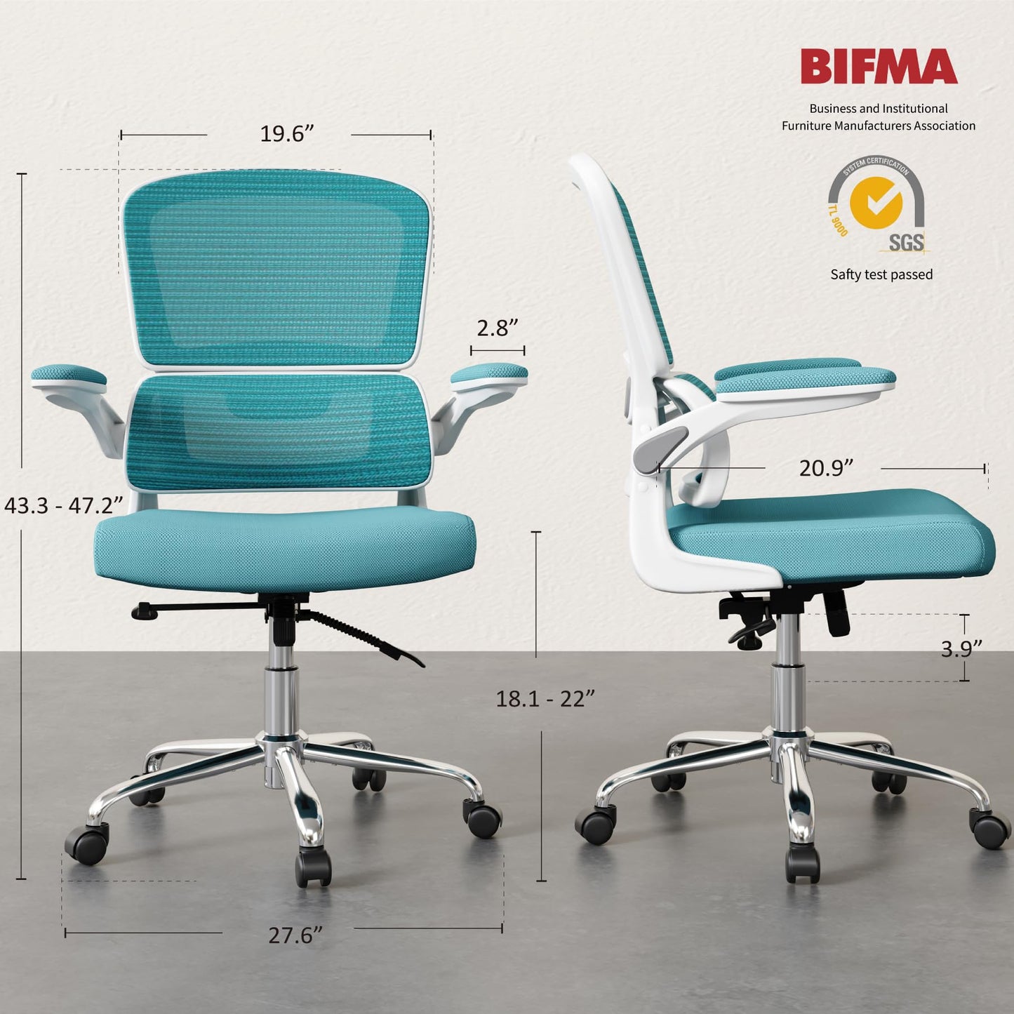 Blue Office Chair, Ergonomic Desk Chair - Thick Cushion Adjustable Height Computer Chair with Lumbar Support and Flip-up Armrests, Home Office Desk Chairs, Swivel Executive Task Chair