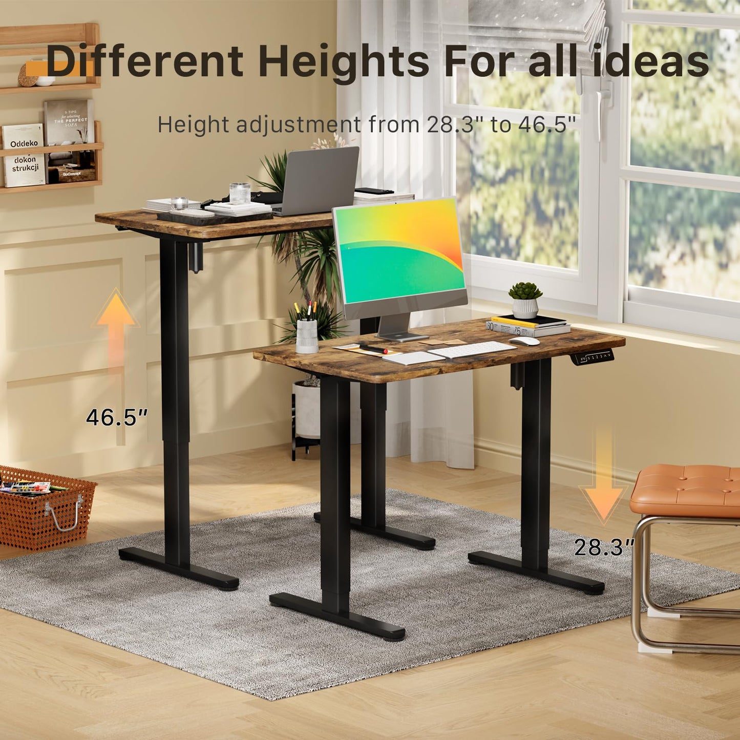 JOY worker Small Electric Standing Desk, 40" x 20" Whole Piece Height Adjustable Table with Memory Controller, Black Sit to Stand Desk Workstation for Home Office, Rustic Brown