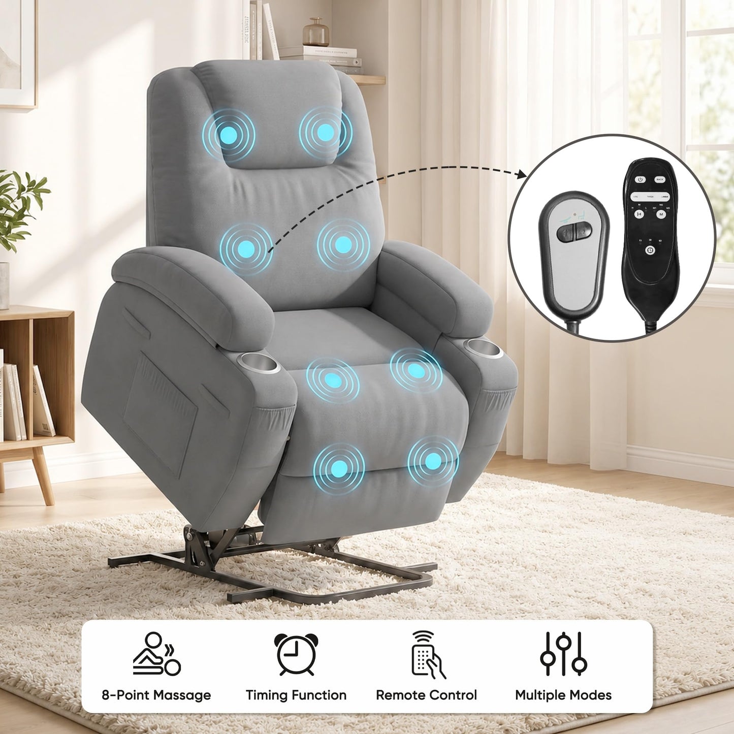 Flamaker Power Lift Chair Massage Recliner Chairs for Elderly - Ergonomic Design with Cup Holders & Side Pockets, Remote Control (Gray)