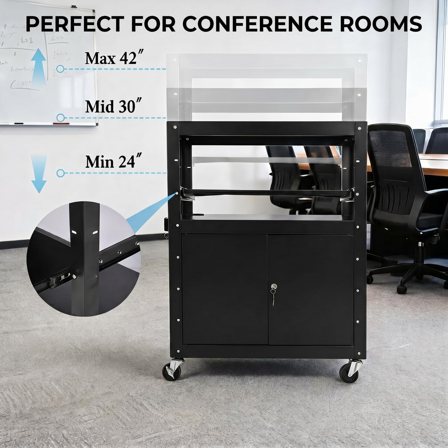 Rolling AV Cart with Locking Cabinet, Laptop Stand, and Drop Leaves, Height Adjustable Mobile Utility Cart Workstation with Extra Storage Space, Power Strip
