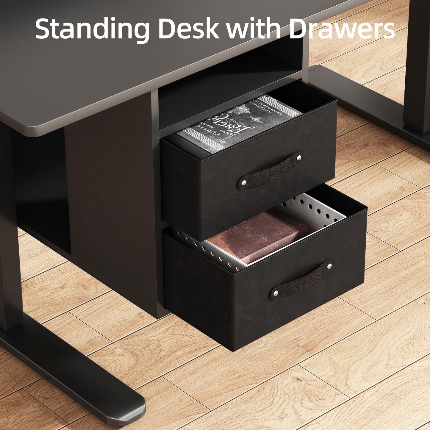 63x24 Inches Standing Desk with Drawers, Electric Computer Desk with Open Storage Shelf, Stand Up Desk, Adjustable Height 28-46 Inches for Home and Computer Workstation, Black