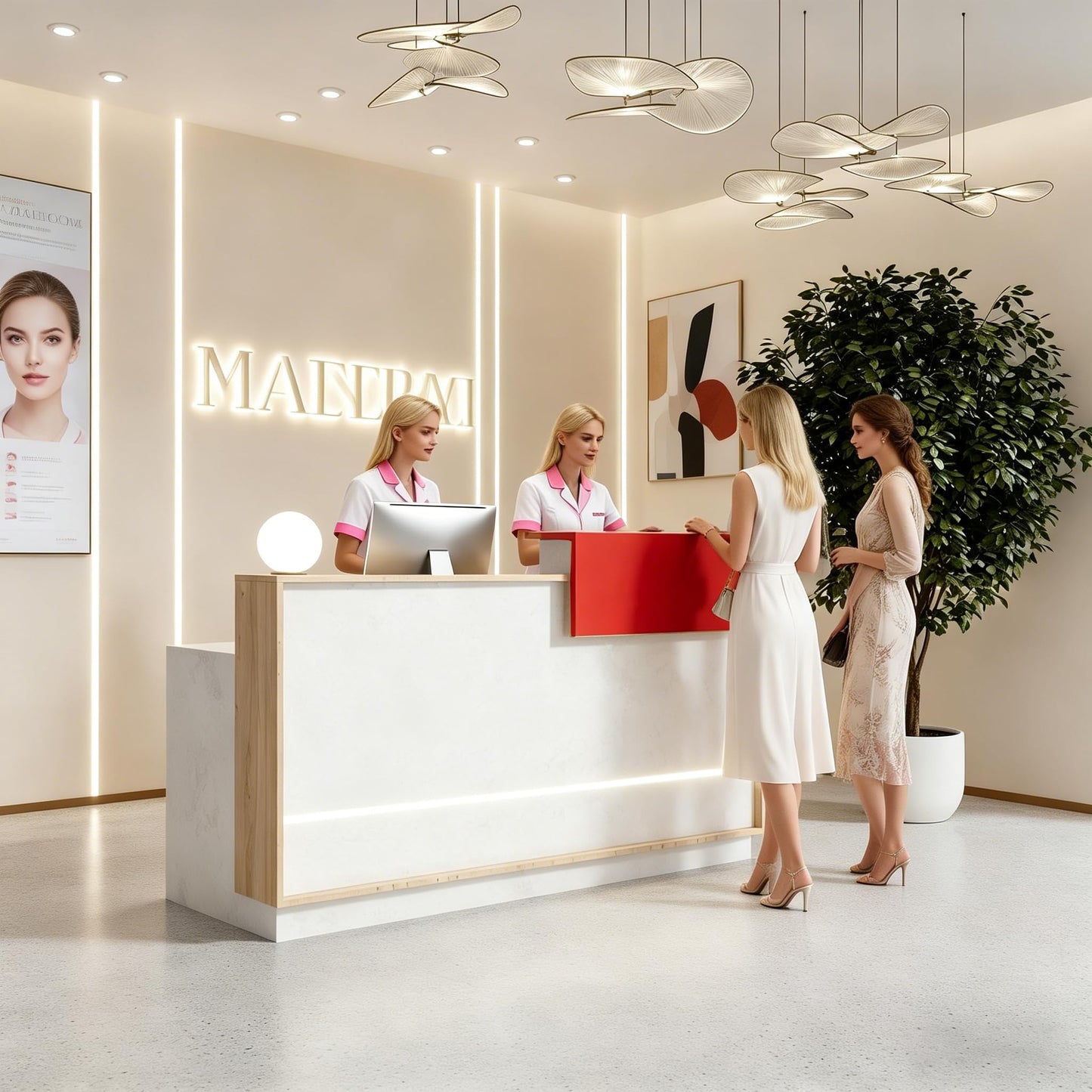 Modern Reception Desk with Counter & LED Lighting, Small Front Desk with Locking Drawer, Keyboard Tray & Cable Grommets, White Stone & Wood for Salon, Boutique, Retail Store & Office (55 in, Left)