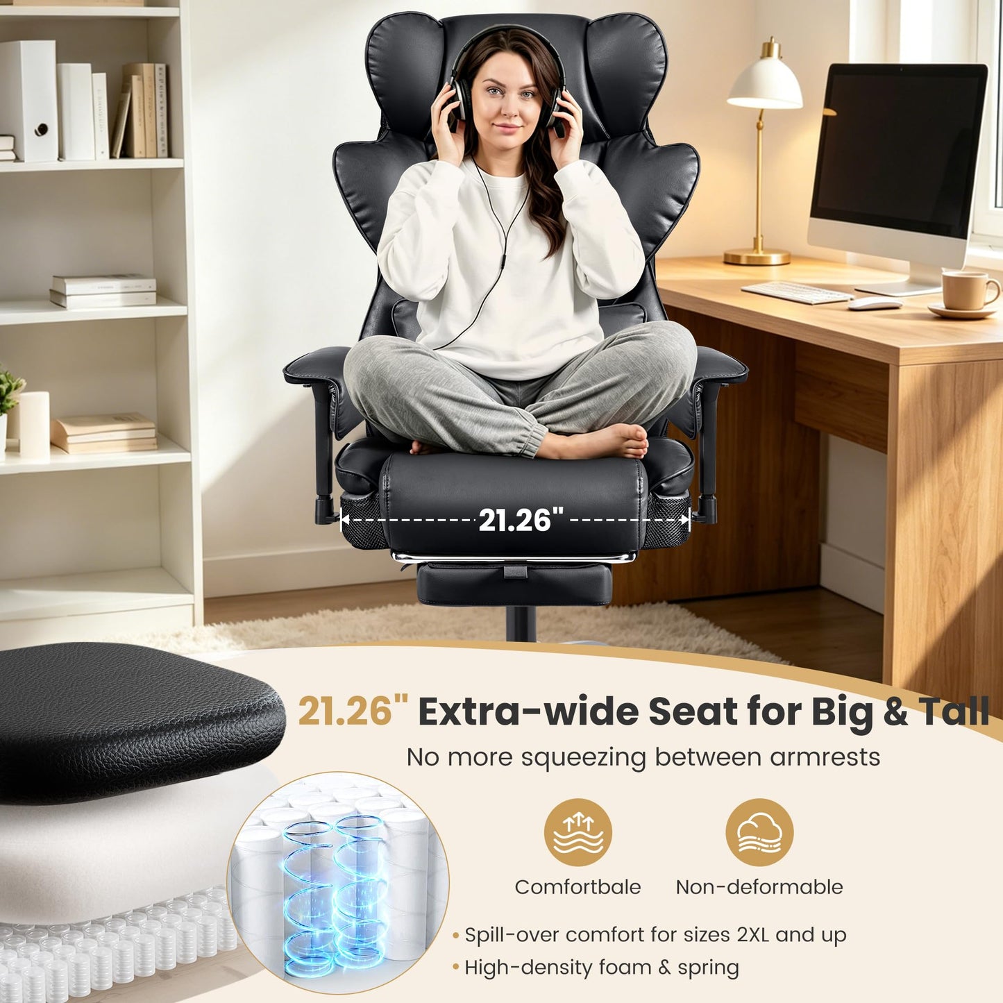 Stella Mia Big & Tall Office Chair – 21.3" Wide Seat High Back Ergonomic Executive Chair with Retractable Footrest, Heavy Duty Computer Gaming Chair for Heavy People, Black 2 Pack