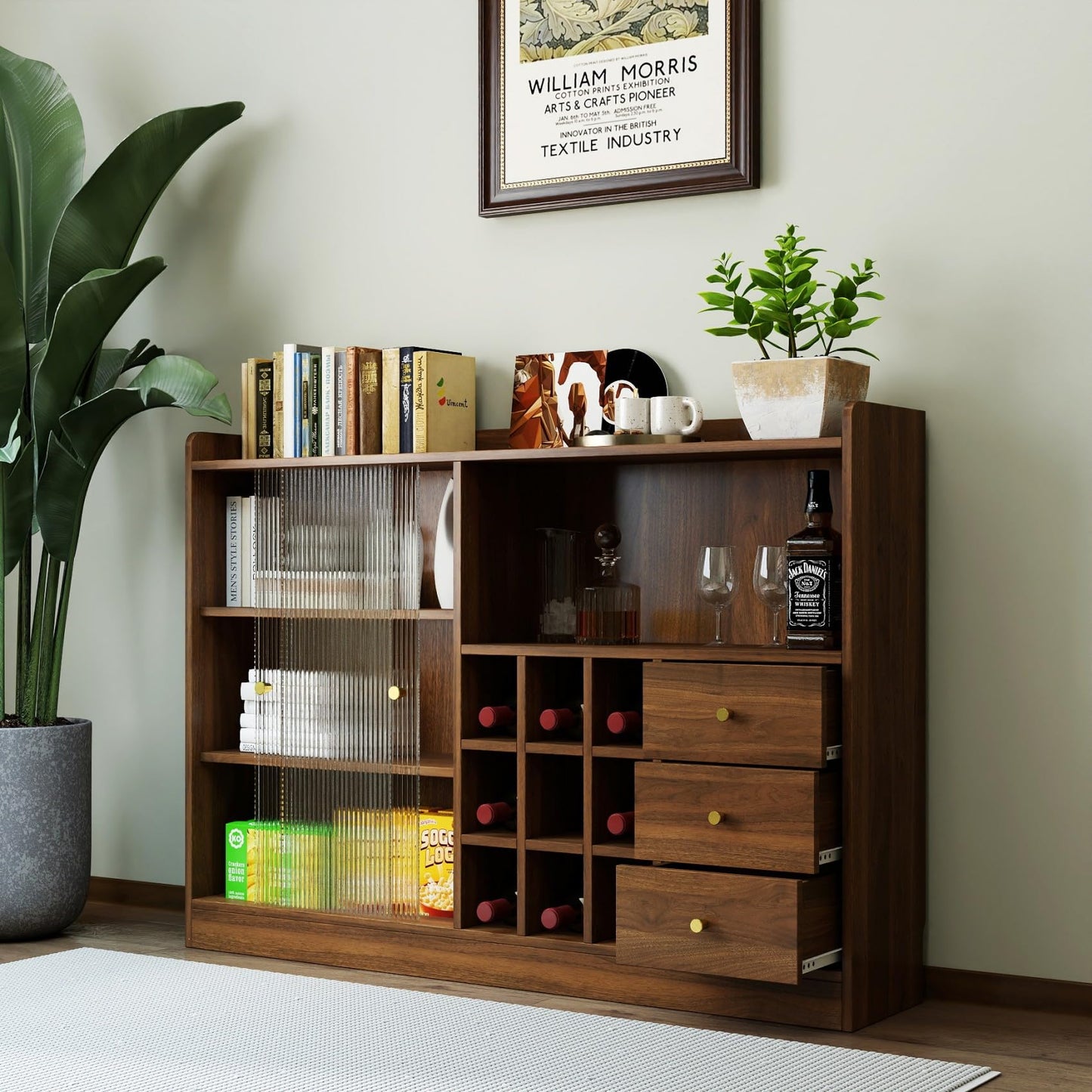 KEIKI Kitchen Sideboard Buffet Storage Cabinet with 2 Glass Sliding Door, Wine Bottles Rack, 3 Drawers, Display Shelves, Wood Coffee Bar Dinning Room Pantry