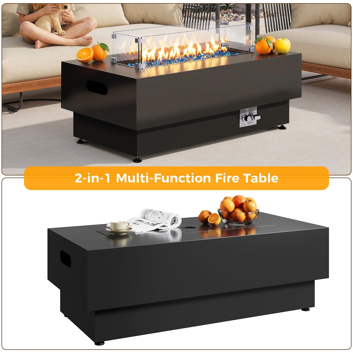 IRONCK 43-inch Outdoor Propane Fire Pit Table w Tank Table, CSA Certified, 2 in 1 Rectangular Patio Fire Pit w Glass Rocks, Wind Guard and Cover, 50000 BTU Outdoor Heater for Pool, Garden, Black