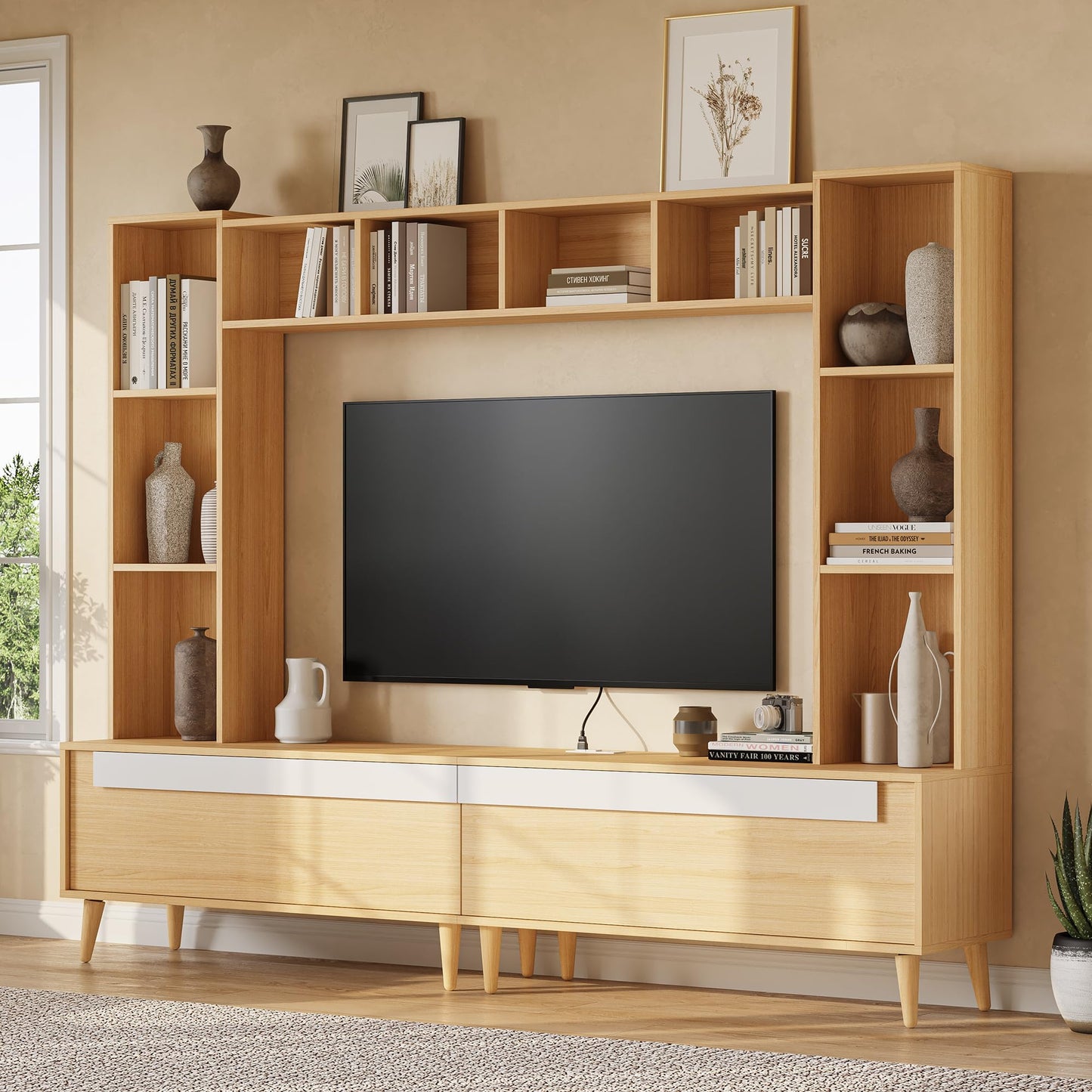 LIKIMIO 86.6" W Wall Unit Entertainment Center for TVs up to 65 inches, Large TV Stand with Bookshelves, Built-in Power Outlet, 10 Open Shelves & 2 Drawers, Wood Media Center for Living Room