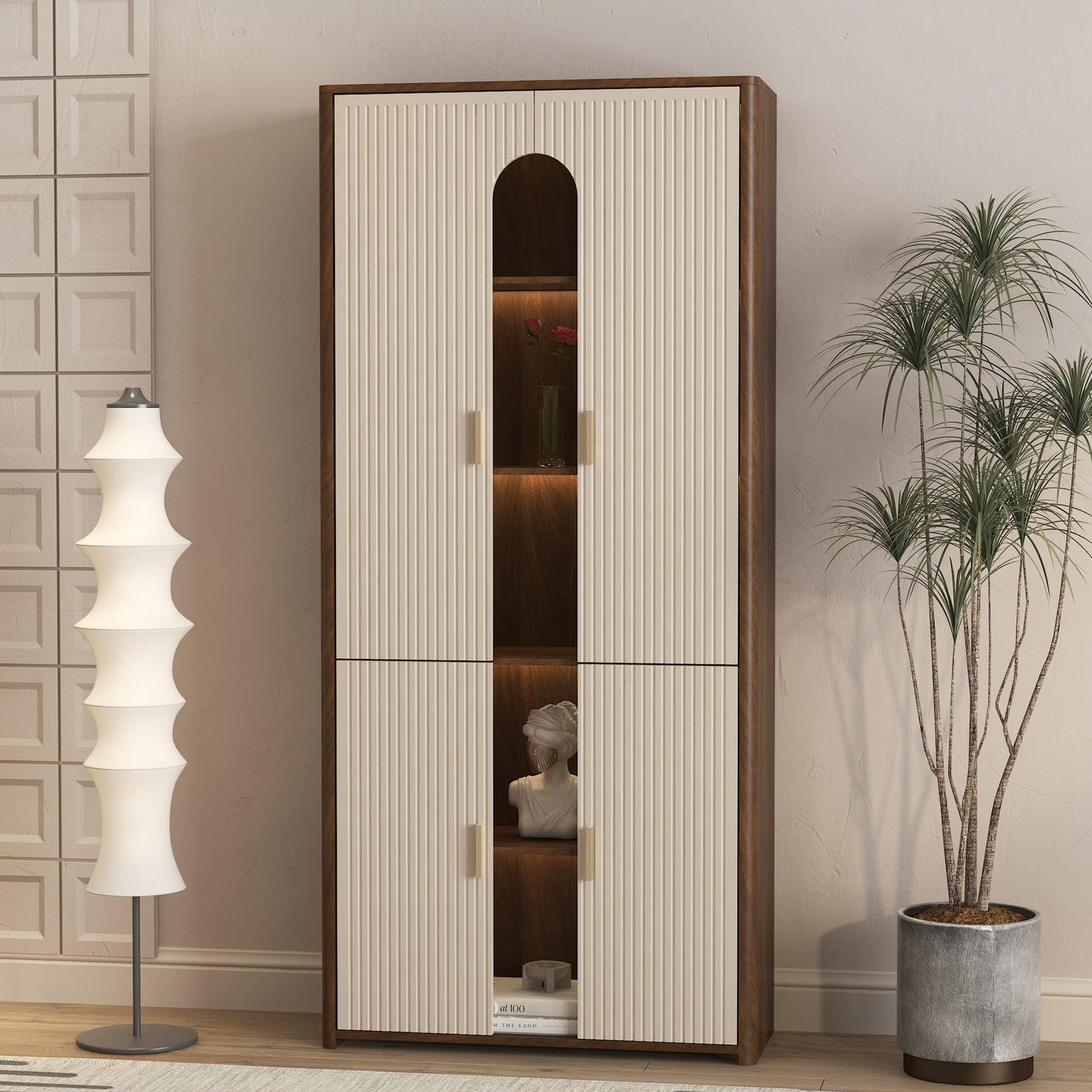 KEIKI 68.1" H Display Storage Cabinet with Doors & 256 Colors LED Lights, Wooden 5-Tier Curio China Collectibles Book Case Shelves Bookcase for Living Room, Home Office, Bedroom