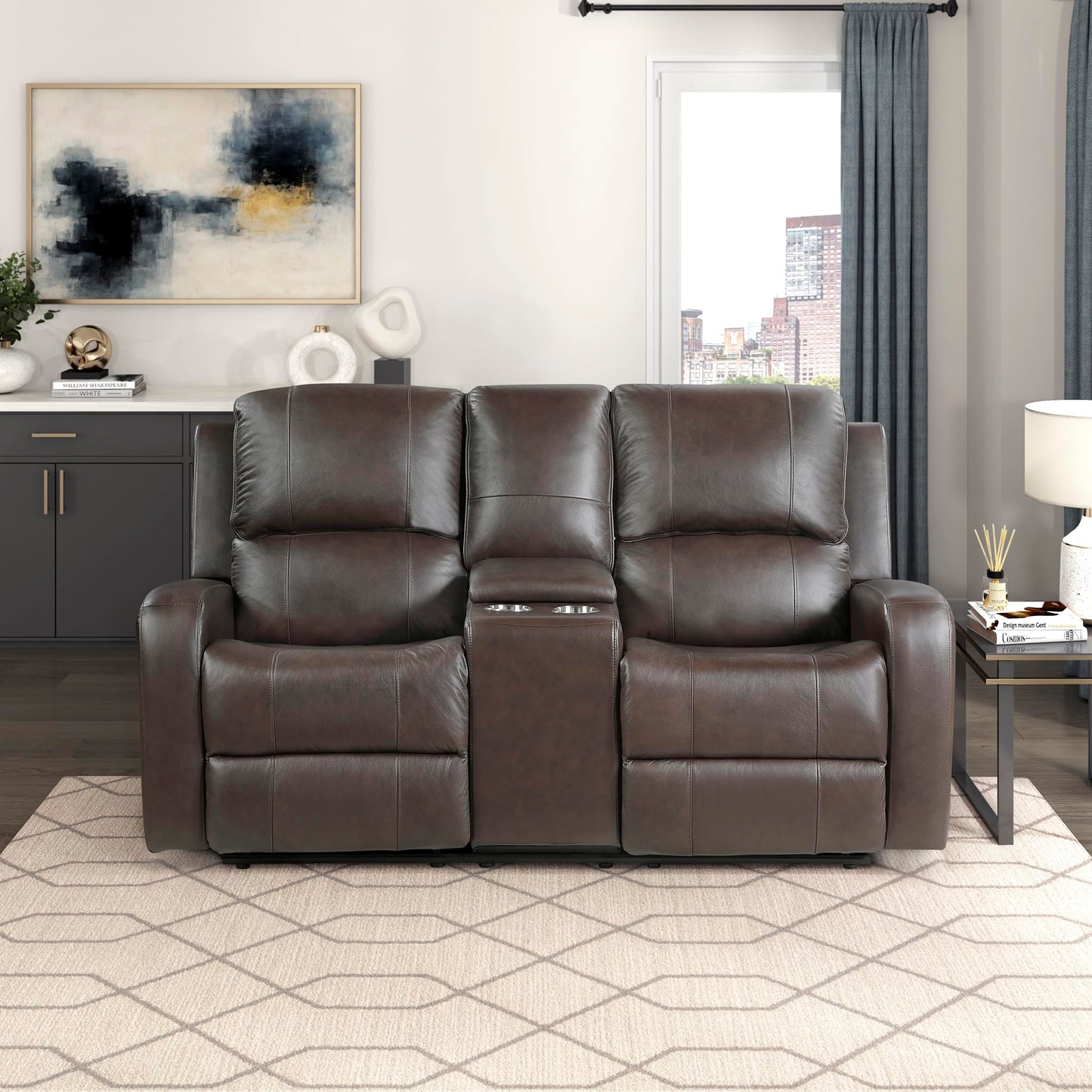 Lexicon Manual Double Reclining Loveseat with Center Console, Top Grain Leather Match Wall Hugger Recliner Loveseat, Storage, Cup Holders, High Density Foam Over Pocket Coils, for Living Room, Brown