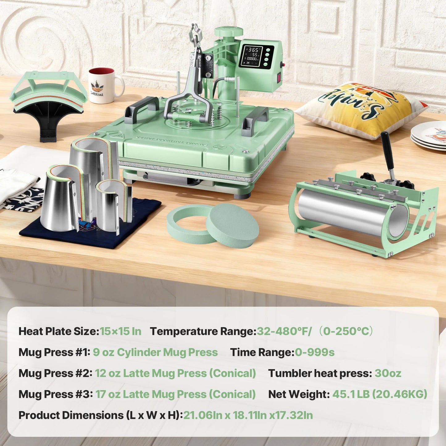 Seeutek 8 in 1 Heat Press Machine 15x15 Inch, Swing Away Digital Sublimation Heat Transfer Press with 20oz & 30oz Tumbler Attachments for T-Shirts, Mugs, Hats & Plates, Green