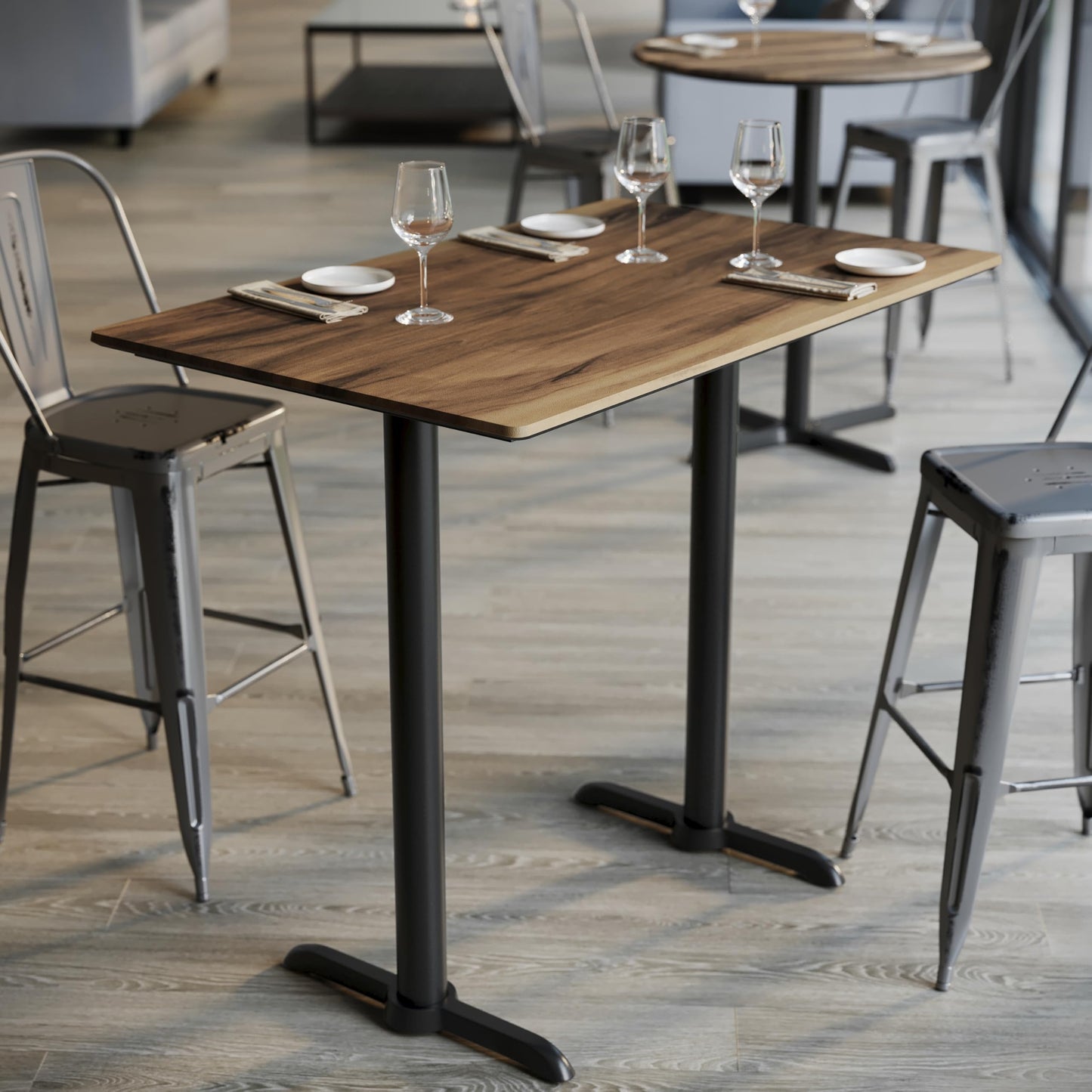 Flash Furniture TopGuard 48" x 30" Indoor Natural Tabletop with Dual 5" x 22" Black Bar Height T-Bases, Seamless TopGuard HPL Top and Edge