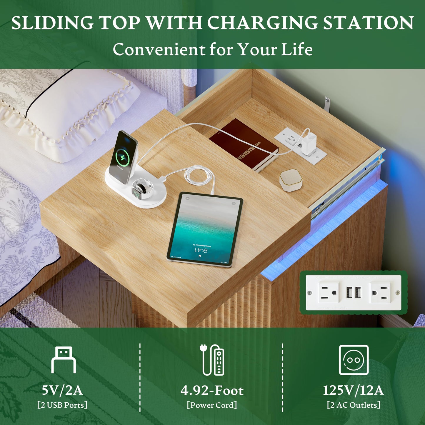 Xixini Fluted Nightstand Set of 2 with Charging Station and LED Lights, Modern Bedside Table with Sliding Top, 3-Drawer Wooden End Table for Bedroom and Living Room, Oak