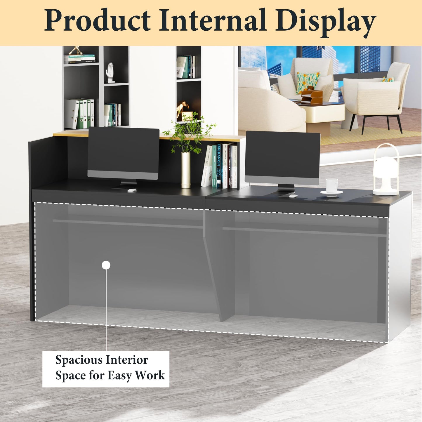Reception Desk with Counter with Storage Shelves Modern Front Desk Large Wooden Commercial Reception Counter for Checkout, Lobby, Beauty Salon,Office,Black