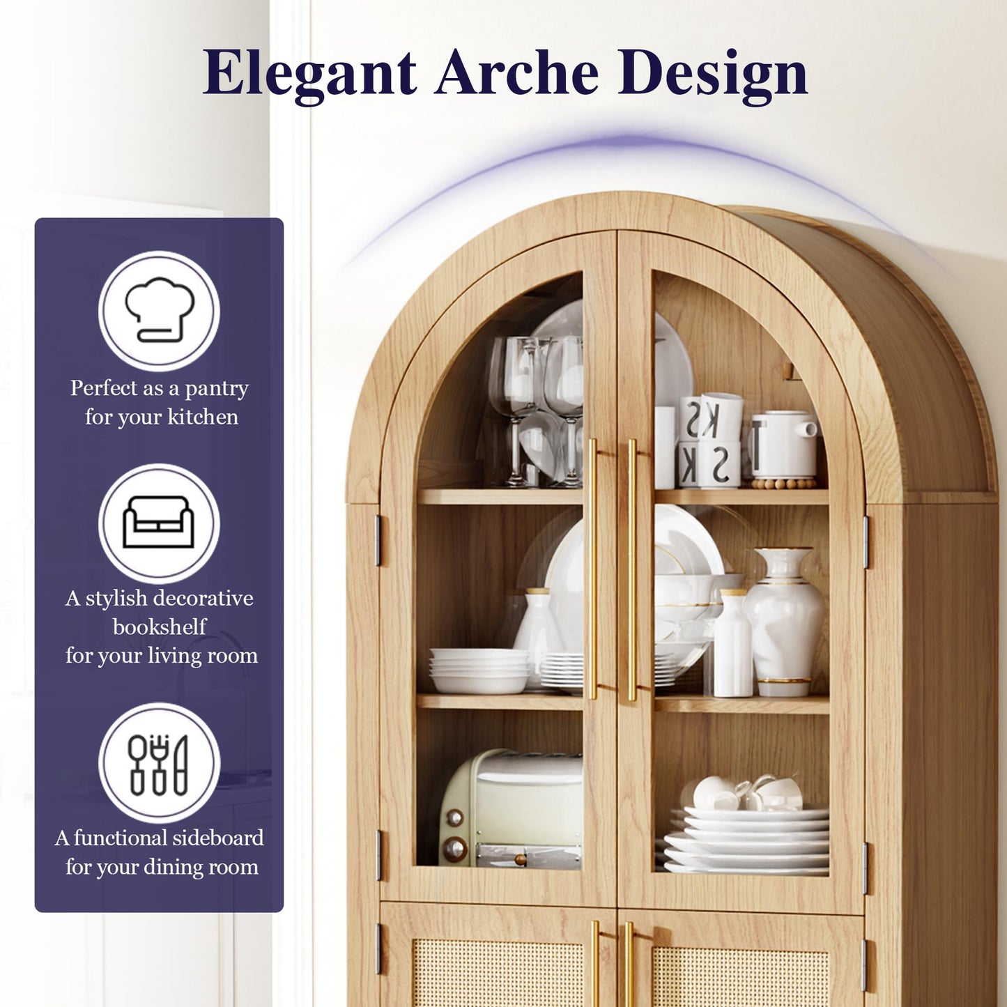 TRUNBACK 63" Tall Arched Cabinet with Glass Doors, Kitchen Pantry Storage Cabinet with Dust-Proof Rattan, 5-Tier Curio China Cabinet with Adjustable Shelves for Living Room Dining Room, Oak