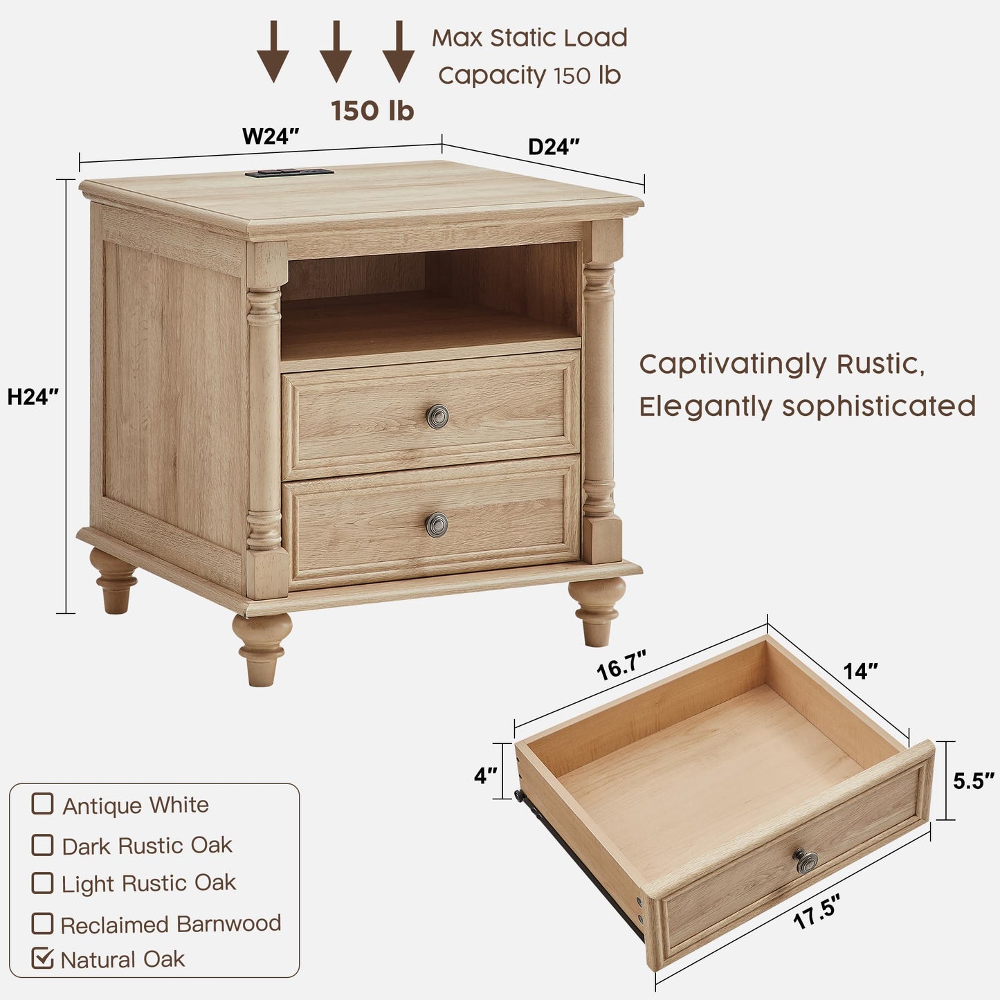 T4TREAM 24'' Farmhouse End Table w/4 Solid Wood Feet, Large 2 Drawers Wide Sofa Side Table with Charging Station, Tall Modern Wood Square Nightstand for Living Room, Bedroom, Office, Natural Oak