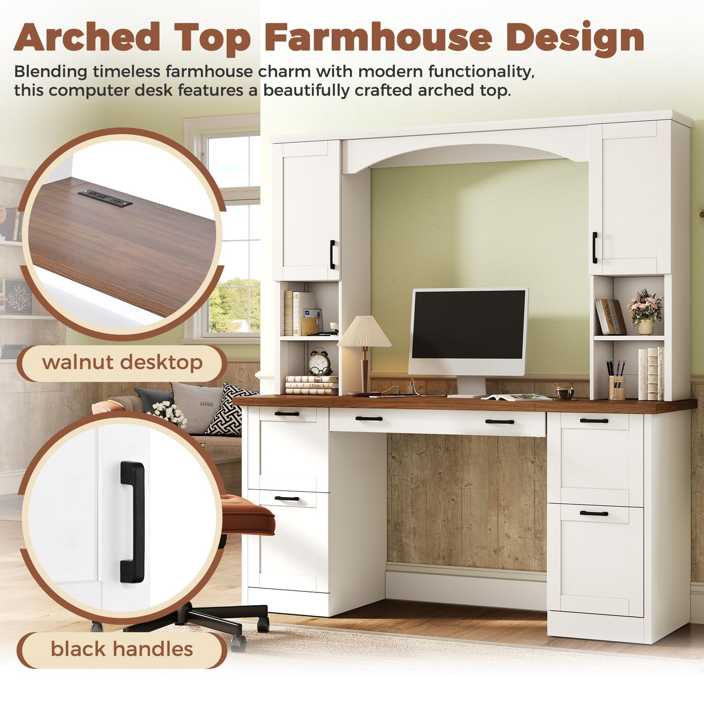Merax Farmhouse Arched 67" Computer Desk with Power Outlets & Keyboard Tray, Wood Executive Home Office Desk with Hutch, Writing Desk with Storage Drawers for Working Study, White