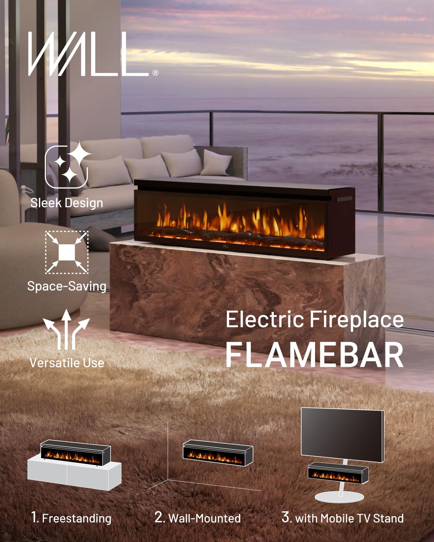 WALL FLAMEBAR Electric Fireplace Freestanding, Wall Mounted, Moves with TV Stand – WiFi Enabled,750/1500W Heater, 1500 Flame Color Combinations, for Living Room or Bedroom, Modern 40" Wide