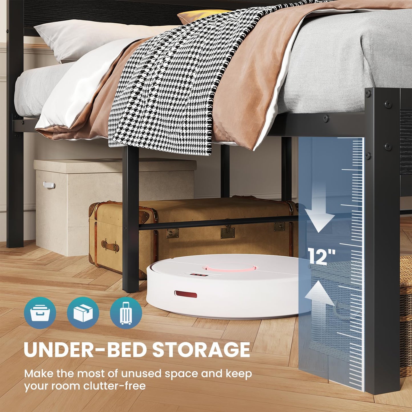 Sweetcrispy Bed Frame King Size with LED Lights and Charging Station, Sturdy Platform Beds Frame with Storage Drawers, 3-Tier Shelves and Under Bed Storage, No Box Spring Needed, Black