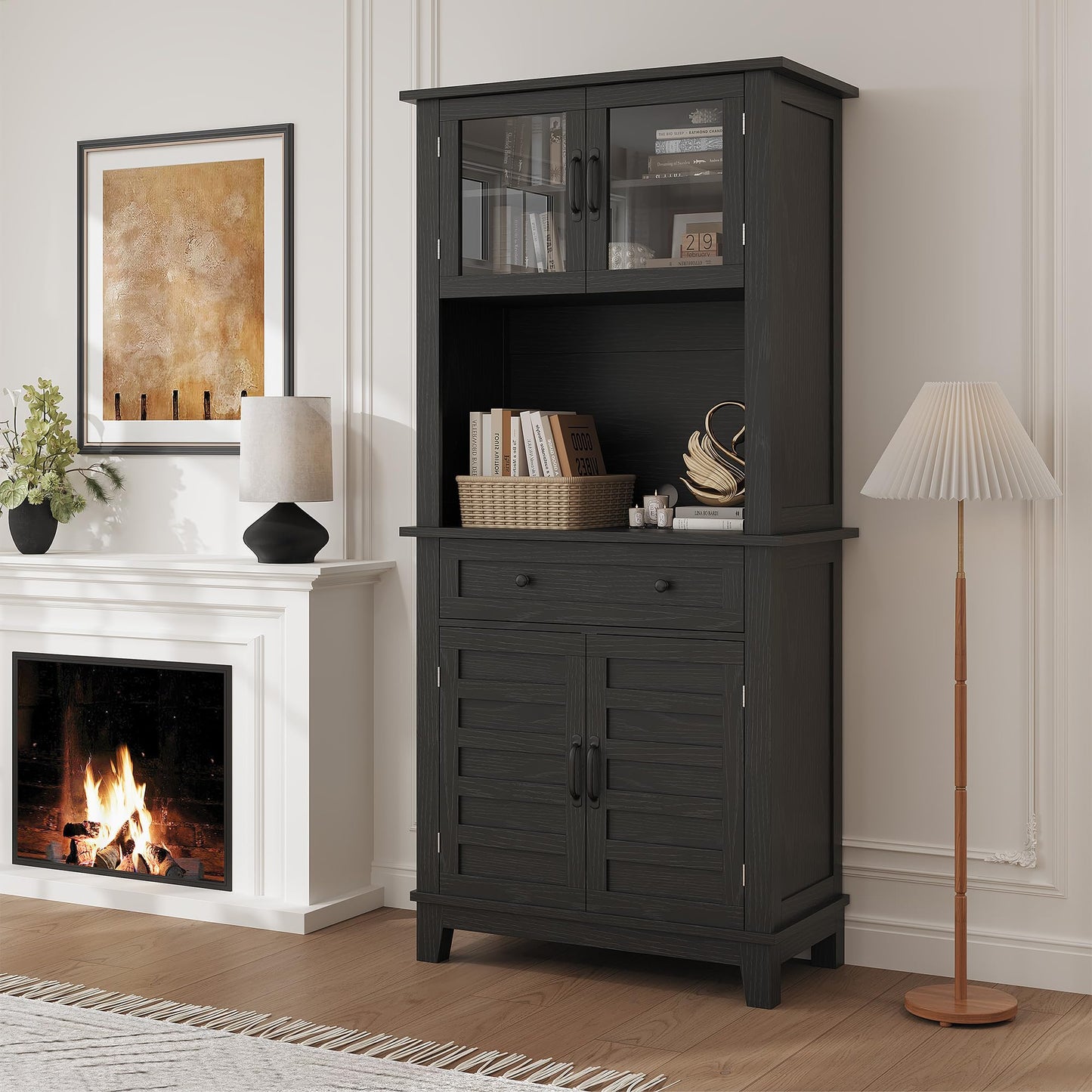 GarveeHome 72 in Tall Kitchen Pantry Cabinet, Kitchen Hutch Bar Cabinet with Microwave Stand, Cupboard with Drawers Glass Doors for Dining Room, Living Room, Dark Black