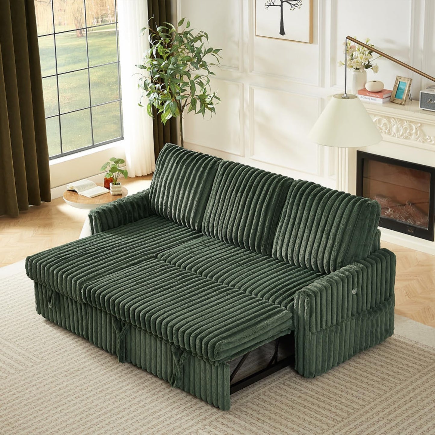 KCGKCG Sleeper Sofa Bed, 81” Pull Out Couch Bed with Reversible Storage Chaise, 3 in 1 L-Shaped Couch with Charging Station, Cup Holder, Side Pocket, Plush Corduroy Couches for Living Room(Green)