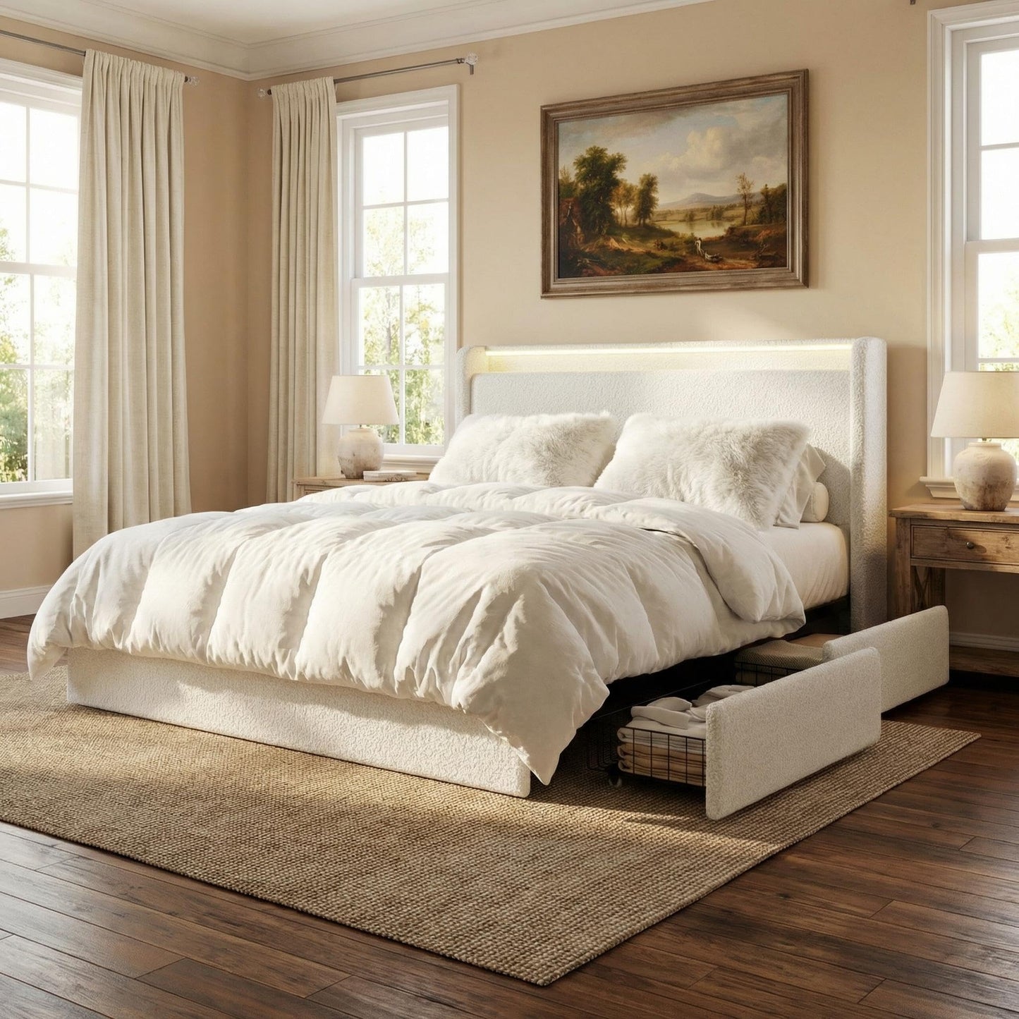 GarveeHome Boucle Queen Size Bed Frame, Cloud Cream Platform Bed Frame with 4 Storage Drawer and Upholstered Headboard, Soft Boucle Fabric, No Box Spring Required, Easy Assembly, Cream