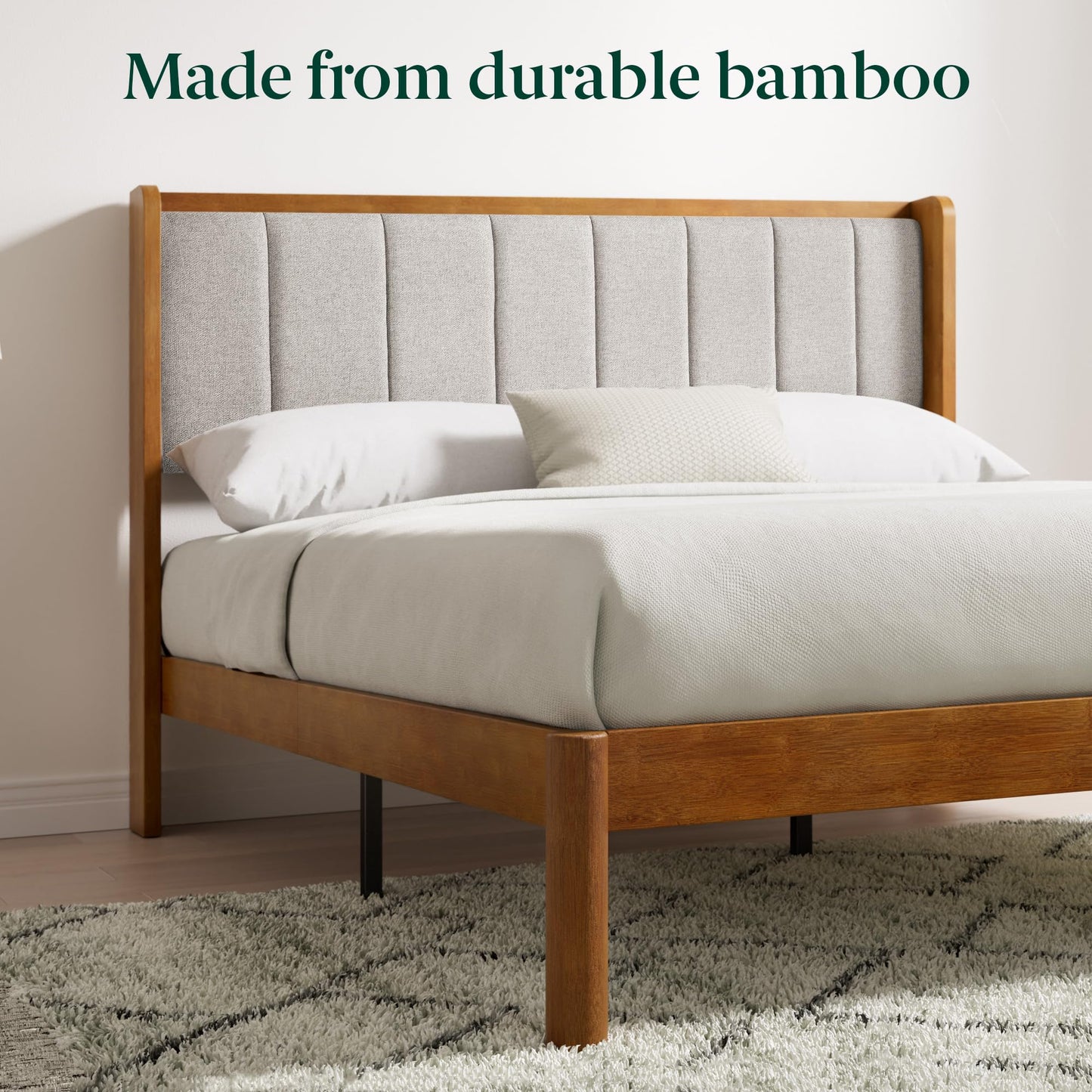 Zinus Jonas Bamboo Platform Bed Frame, Wingback Headboard, Mid-Century Modern Design, Plush Upholstered Comfort, Sustainable Bamboo, Fits Any Bedroom Style, No Box Spring Needed, Queen