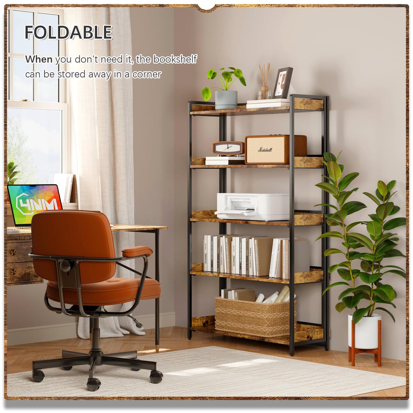 4NM Extra Wdie No Assembly Folding Bookshelf, 64.3" H x 30.9" W, 5 Tier Collapsible Book Shelf Bookcase Foldable Shelves for Bedroom Living Room Home Office - Rustic Brown & Black