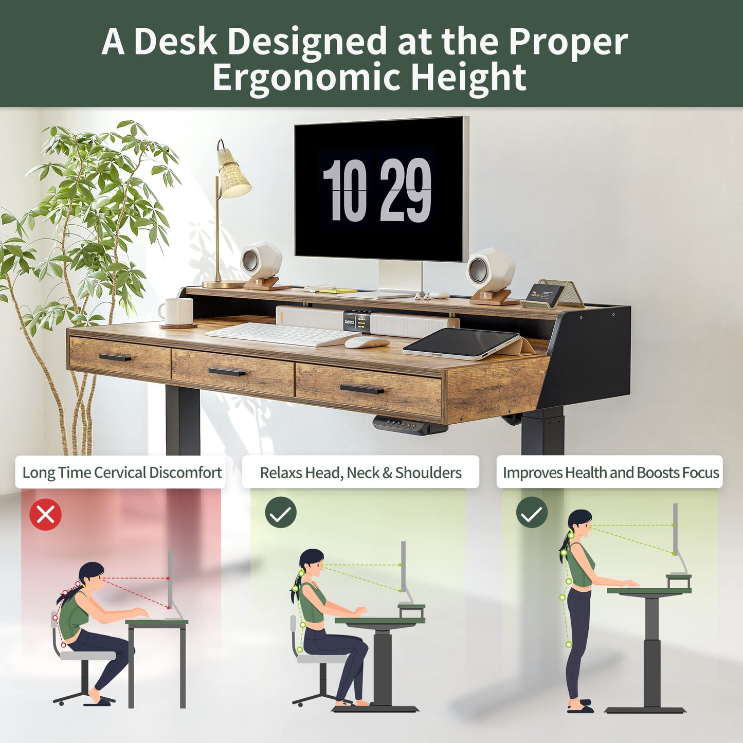 CubiCubi Standing Desk 55x26 Inches with 3 Wood Drawers and Monitor Shelf, Ergonomic Rising Home Office Desks, Height Adjustable Computer Desk, Sit Stand Up Electric Workstation Table, Antique Brown