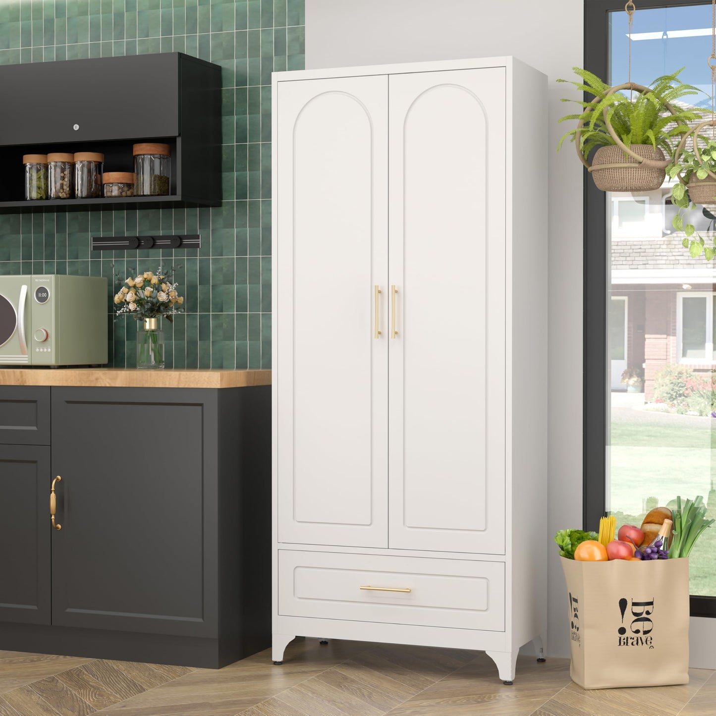 SteeLoong Metal Storage Cabinet with Drawers,75Inch White Pantry Cabinets for Kitchen Storage with 3 Adjustable Shelves,Tall Kitchen Pantry Cabinet for Living Room, Dining Room Office