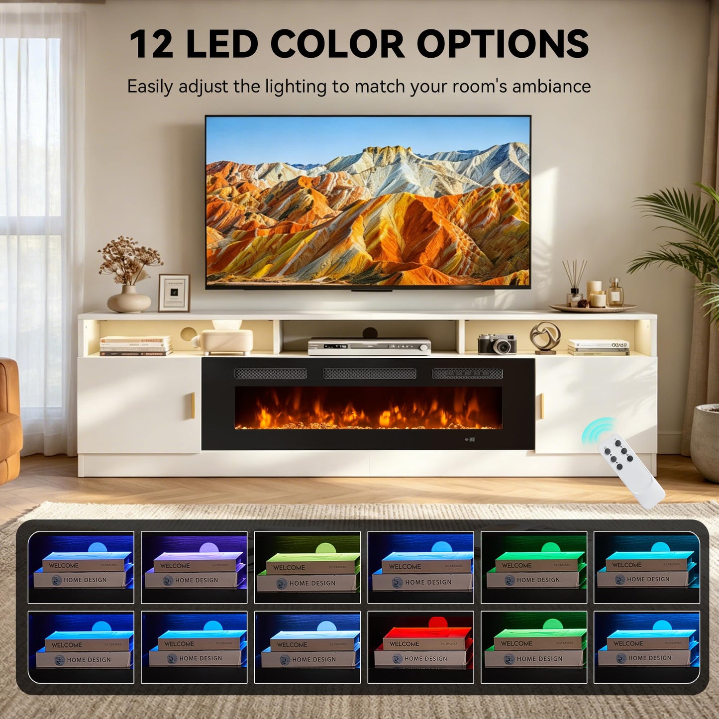 OneBlis 80" Fireplace TV Stand with Power Outlet, Electric Fireplace Entertainment Center with Storage Cabinets, Fits TVs up to 90", TV Console with LED Lights for Living Room, Office, White-Black
