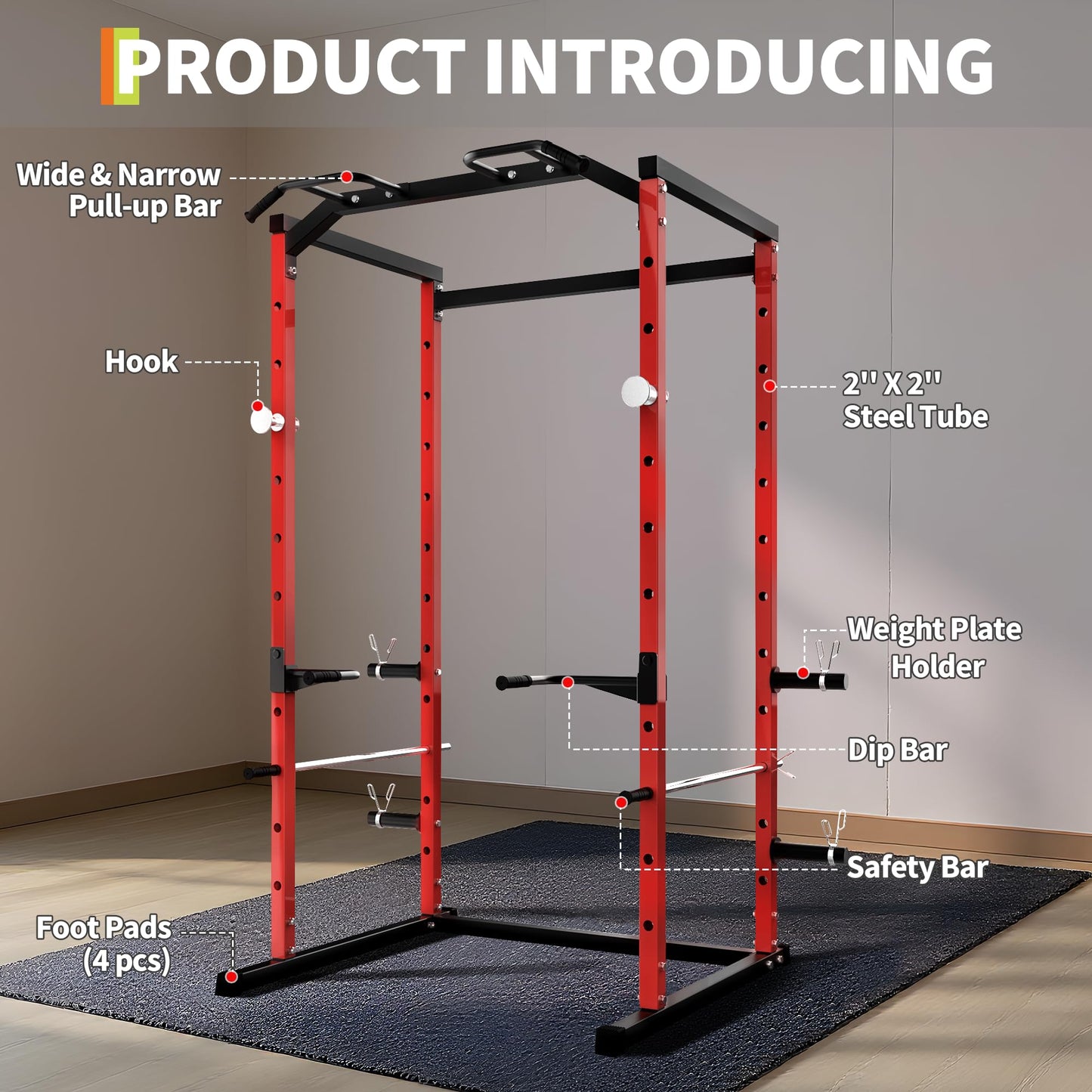 GarveeLife Power Cage Squat Rack for Home Gym, 1100 LB Capacity Power Rack with Pull-Up Bar, Dip Bars, & Adjustable Safety Bars, Strength Training for Home Gym, Red
