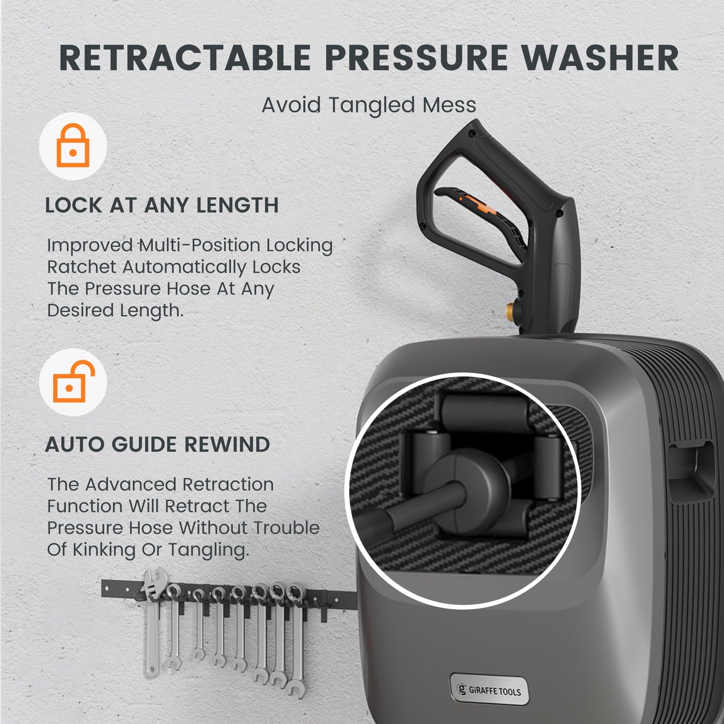 Giraffe Tools Grandfalls Retractable Pressure Washer G20B, 2500 PSI 2.2 GPM, Wall Mounted Power Washer with 65FT Hose Reel, Black Pressure Hoses, 4 Nozzles for Floor/Cars/Fences/Patios, Dark Silver