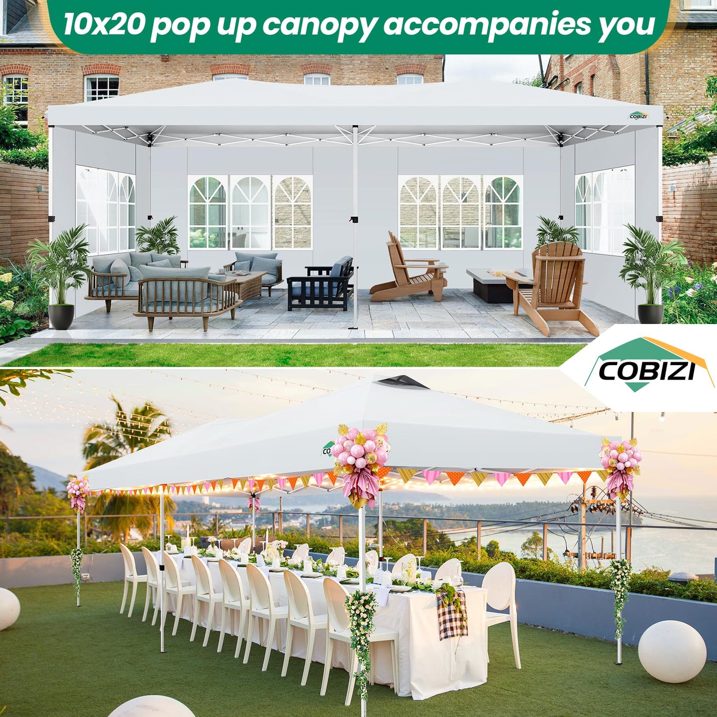 COBIZI Canopy 10x20 Pop Up Canopy Tent with 6 Sidewalls, One Push Party Tents for Parties Outdoor Wedding Waterproof Gazebo Commercial Event Tent with Sandbags, Swan White
