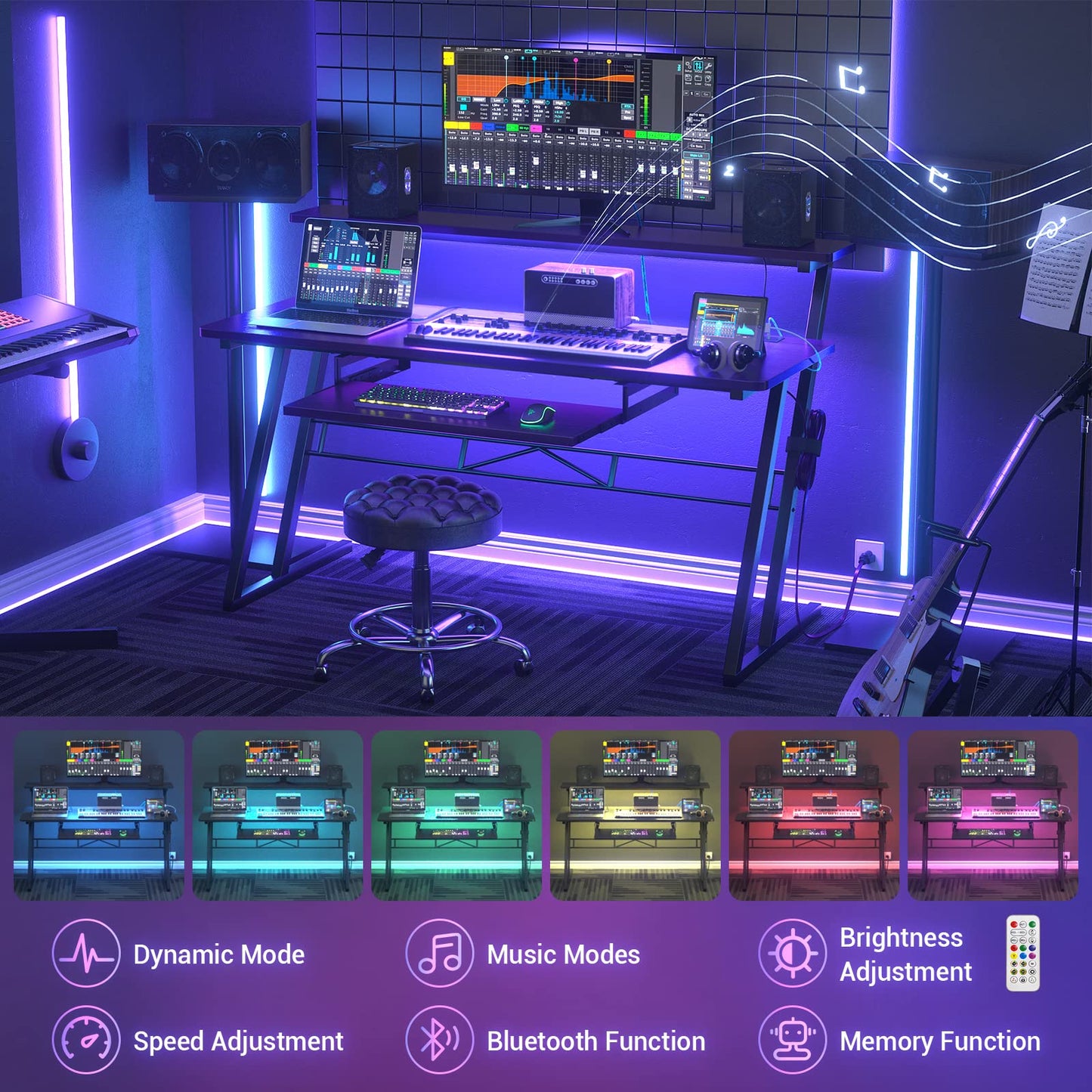 Armocity Music Studio Desk, Music Production Workstation with Power Outlets and RGB LED Lights, Recording Studio Table Desks Music Producer for Home, Black