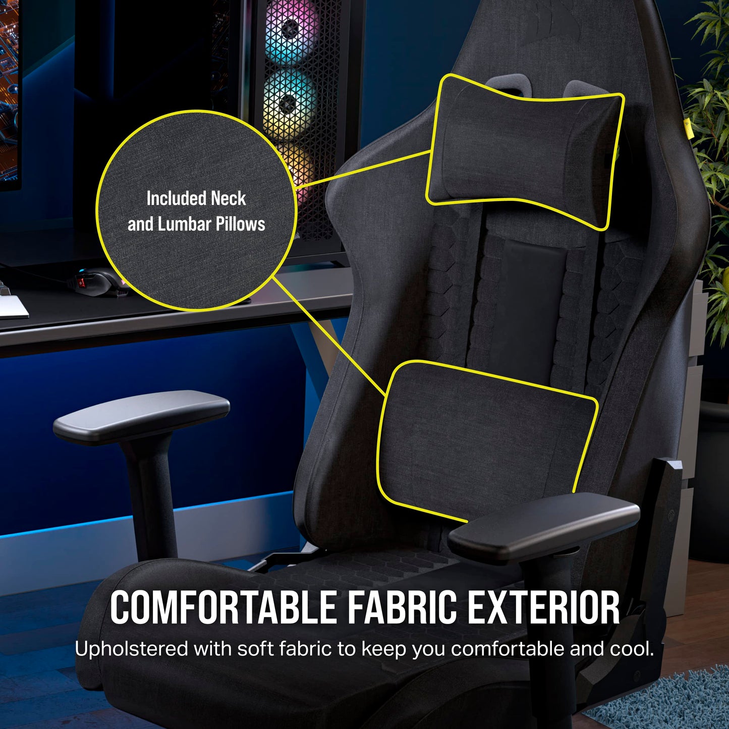 Corsair TC100 Relaxed Gaming Chair - Fabric - Racing-Inspired Design - Lumbar Pillow - Detachable Memory Foam Neck Pillow - Adjustable Seat Height - Adjustable Armrests - Gray and Black