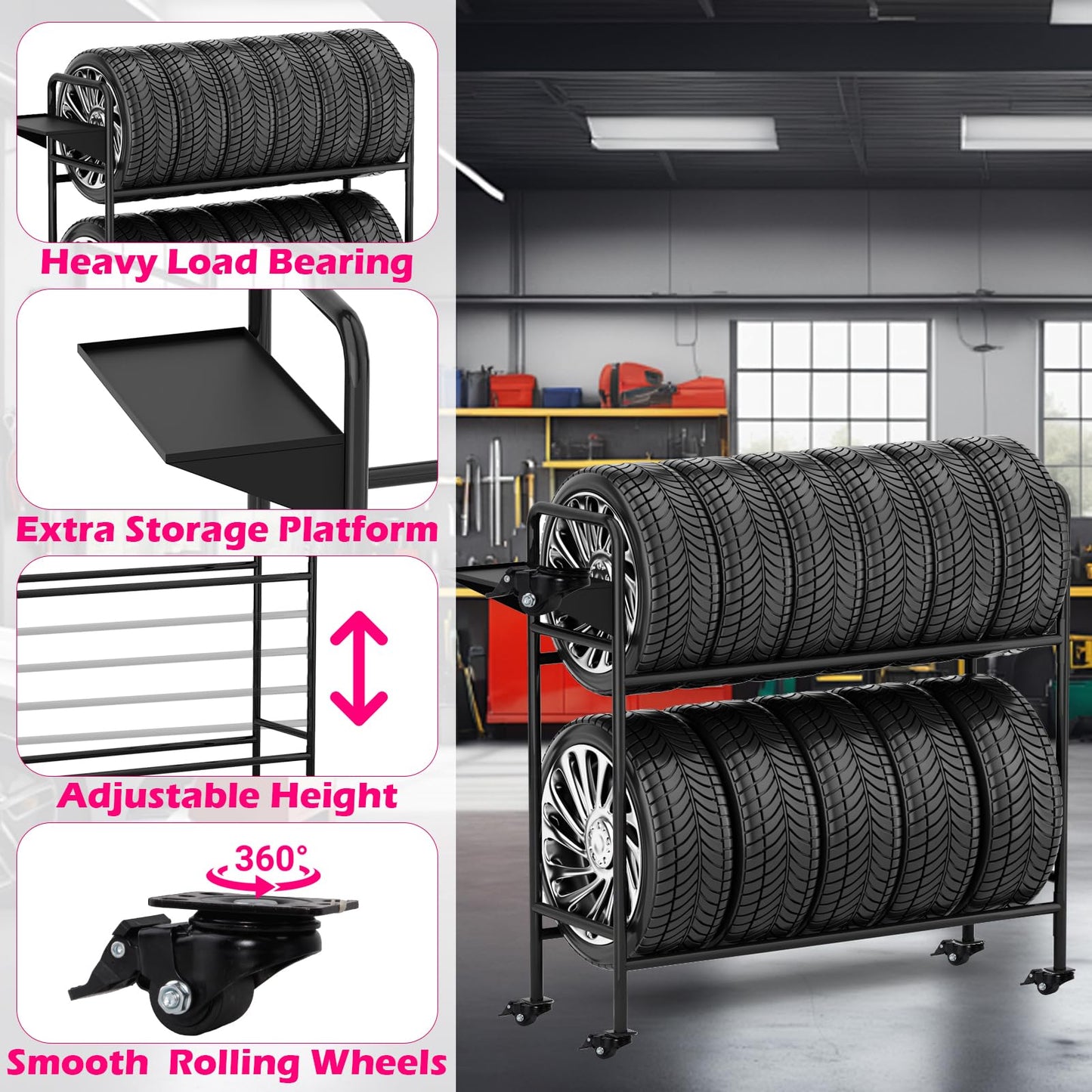 NouraVita Adjustable Rolling Tire Rack for Garage, Heavy-Duty 660LBS Capacity Tire Storage Stand with 4 Self-Locking Casters & Tool Shelf, 59" H x 59" W x 21" D