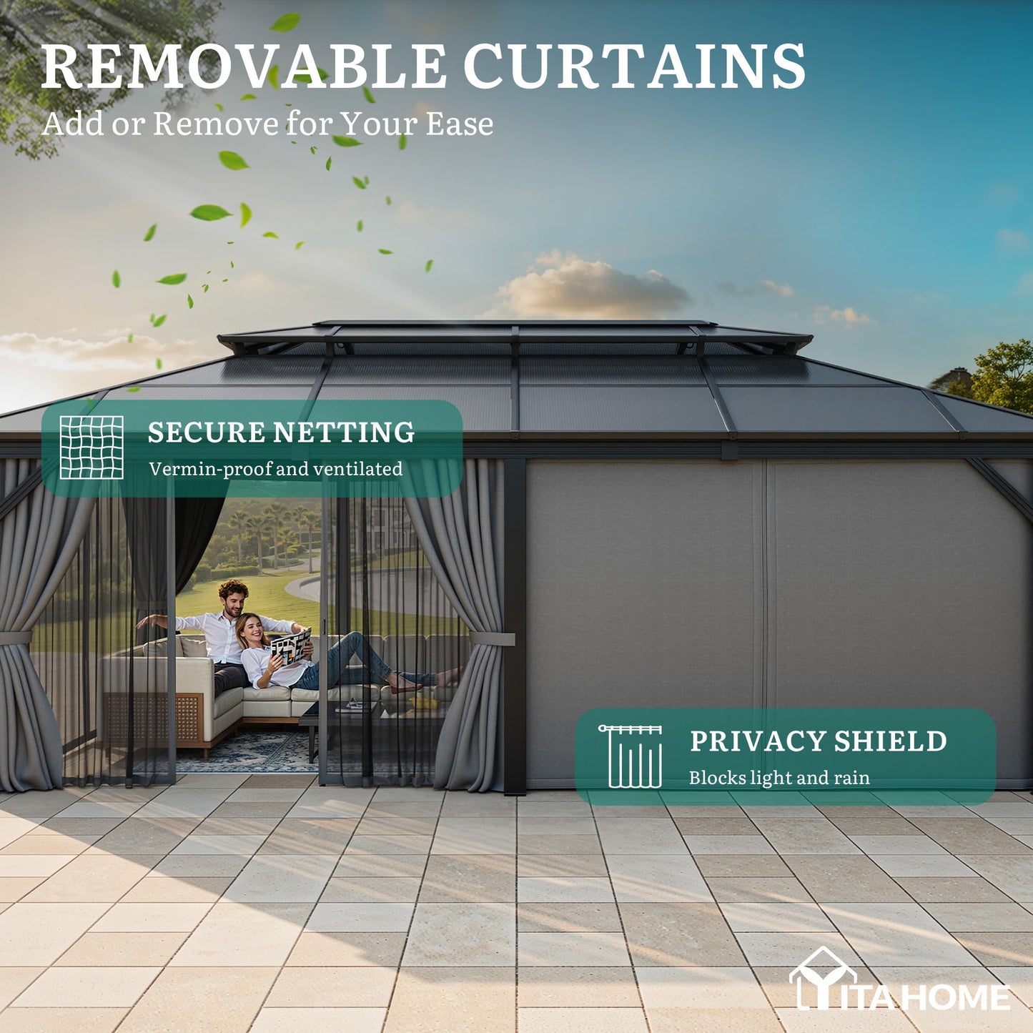 YITAHOME 12x20FT Gazebo Polycarbonate Hardtop Double Roof Canopy Outdoor with Netting and Shaded Curtains, Metal Frame Garden Tent for Patio, Backyard, Deck and Lawns, Grey